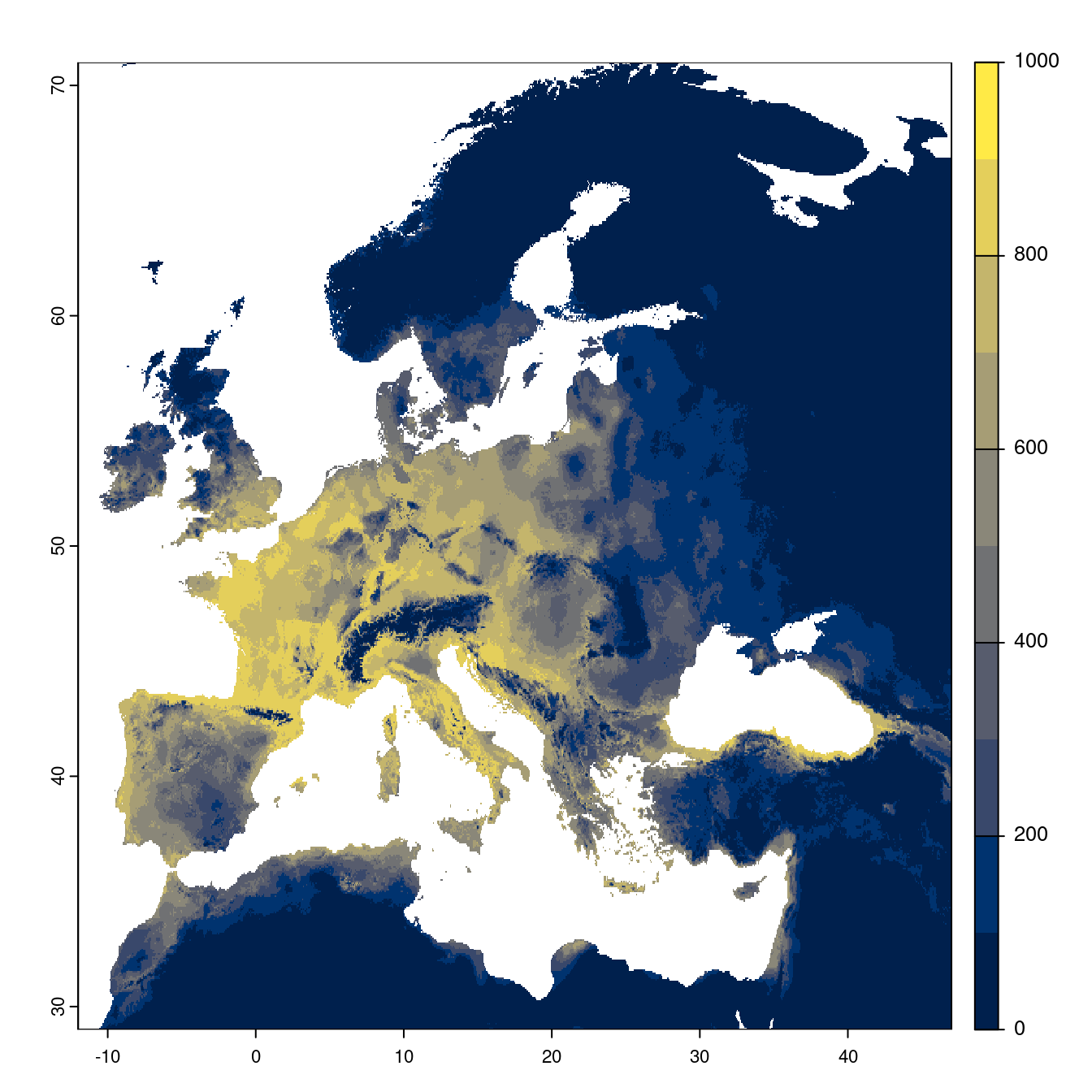Projection des distributions potentielles futures jusqu'à l'horizon 2100 sous le scénario SSP1-2.6 (modèle d'ensemble).