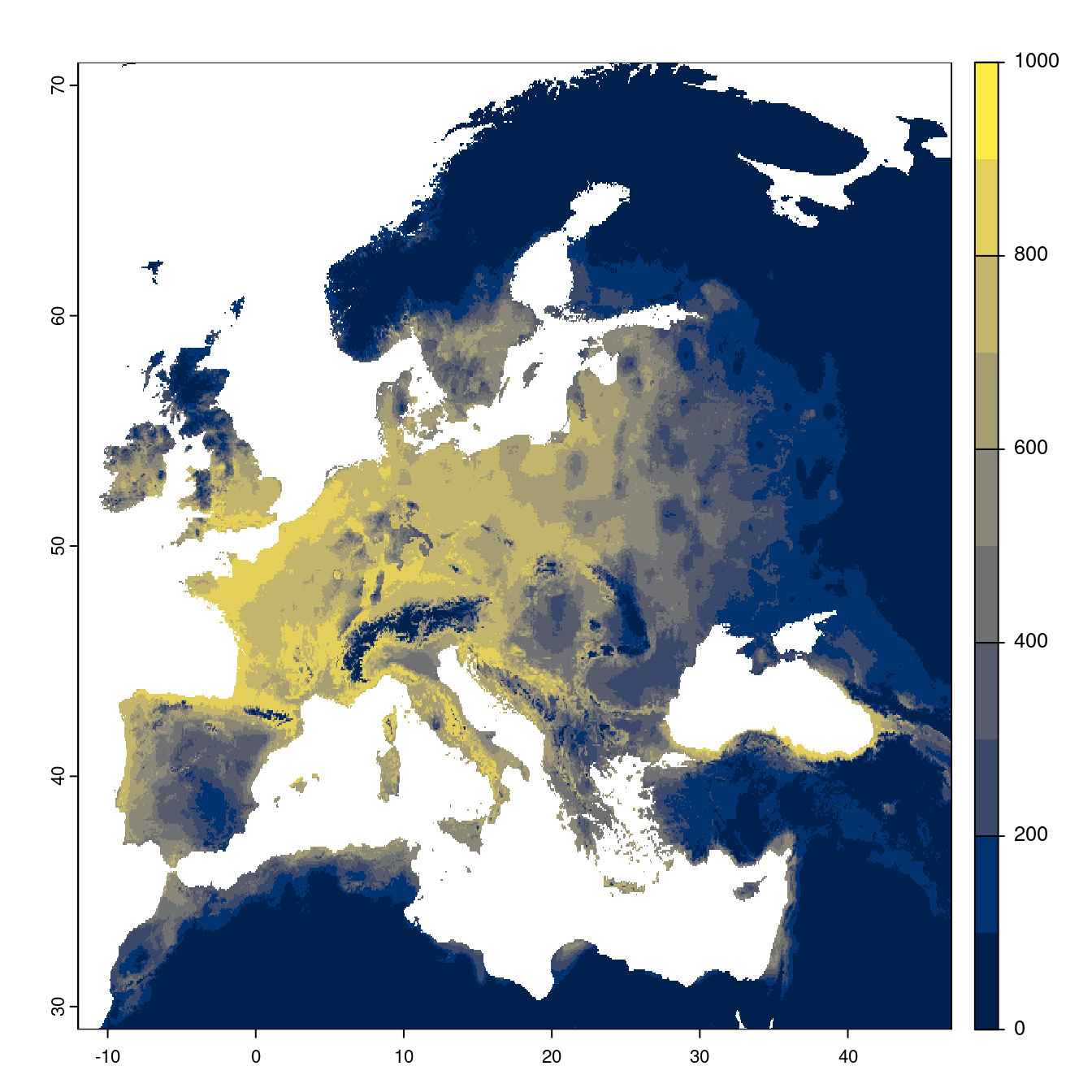Projection des distributions potentielles futures jusqu'à l'horizon 2100 sous le scénario SSP2-4.5 (modèle d'ensemble).