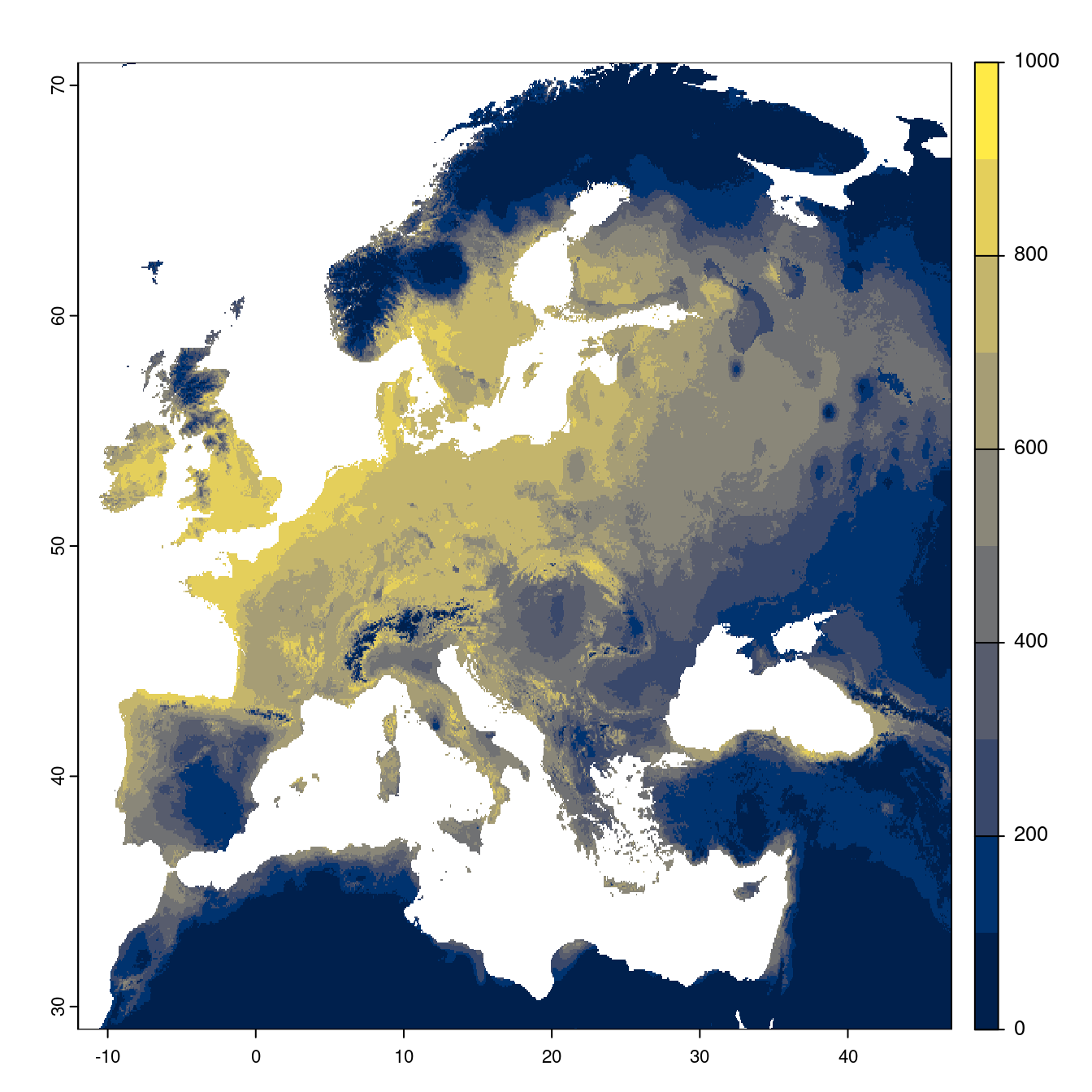 Projection des distributions potentielles futures jusqu'à l'horizon 2100 sous le scénario SSP3-7.0 (modèle d'ensemble).