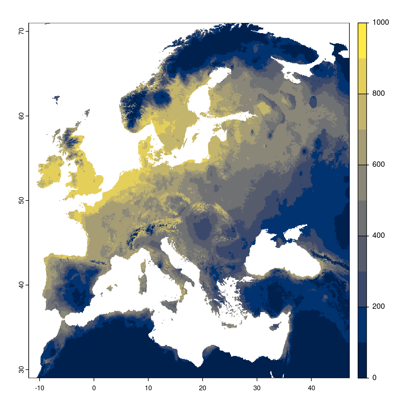 Projection des distributions potentielles futures jusqu'à l'horizon 2100 sous le scénario SSP5-8.5 (modèle d'ensemble).