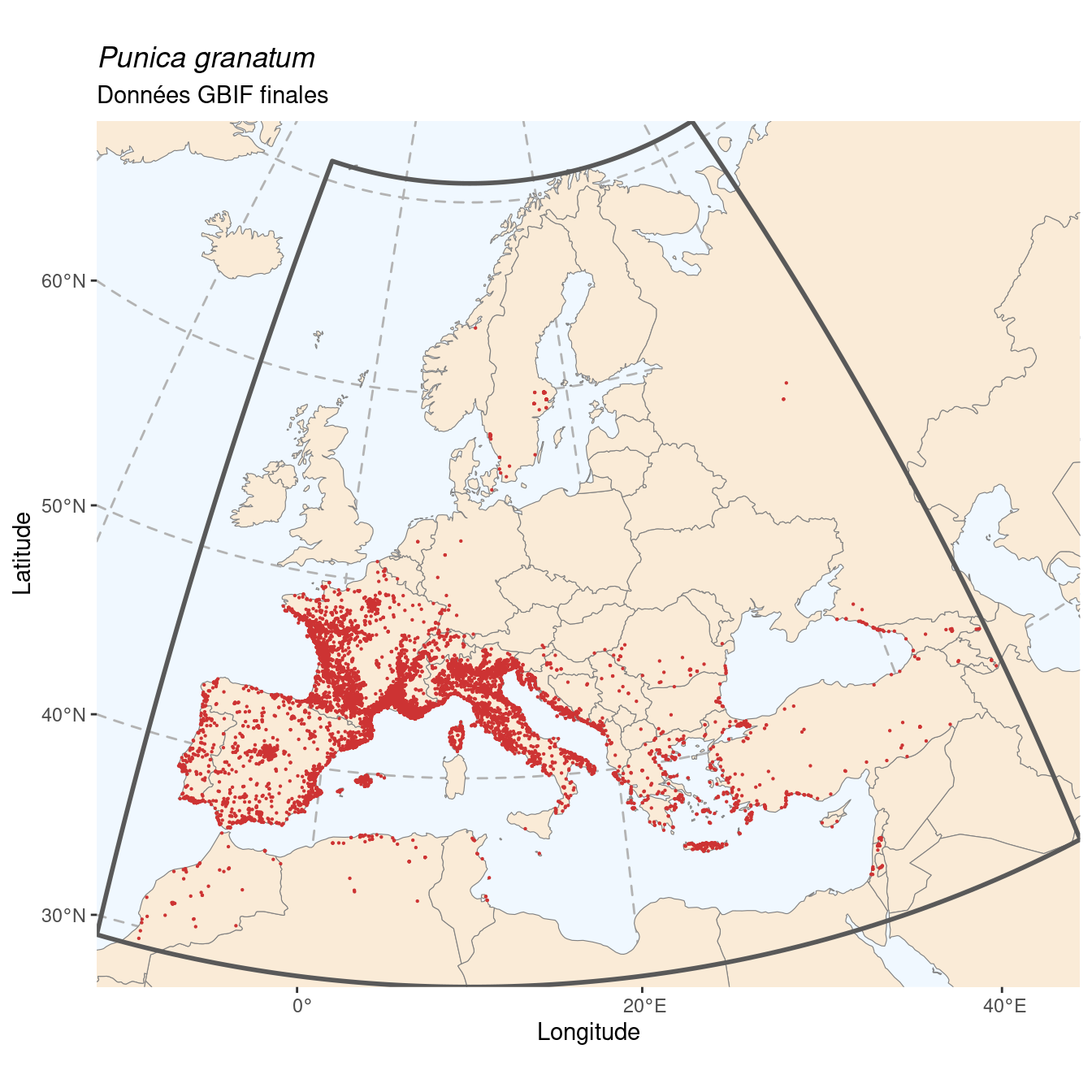 Occurrence de Punica granatum dans la région d'endémisme après sous-échantillonnage éventuel.