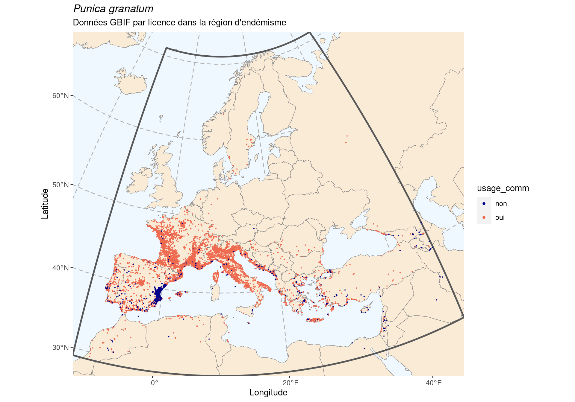 Occurrence de Punica granatum dans la région d'endémisme, selon la licence : CC BY-NC en bleu ; CC0 et CC BY en orange.
