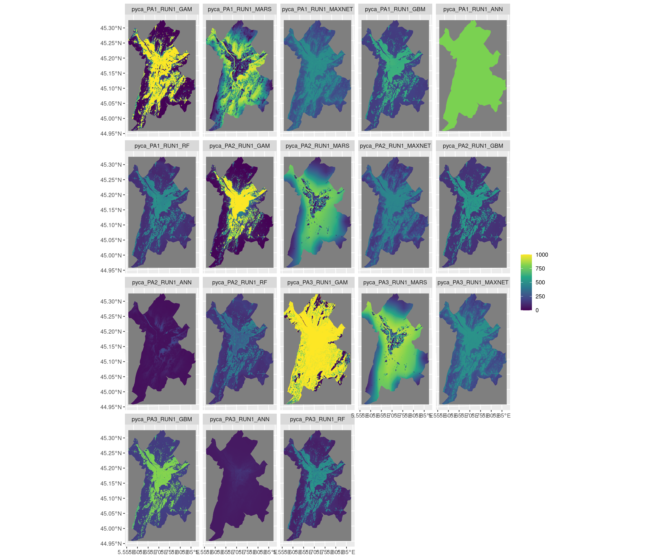 Projection de la distribution potentielle contemporaine sur la métropole de Grenoble, selon les 6 algorithmes et les 3 runs.
