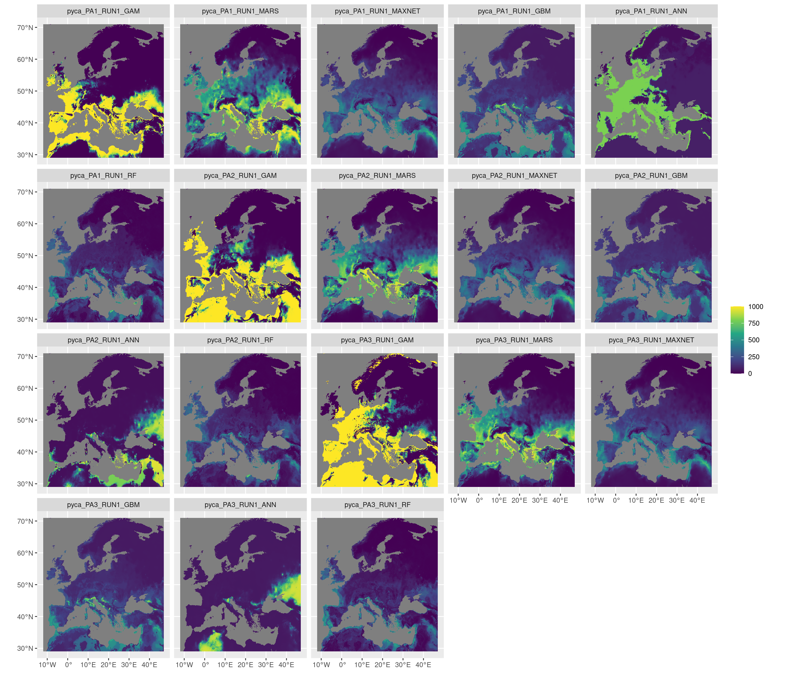 Projection de la distribution potentielle contemporaine sur l'Europe, selon les 6 algorithmes et les 3 runs.