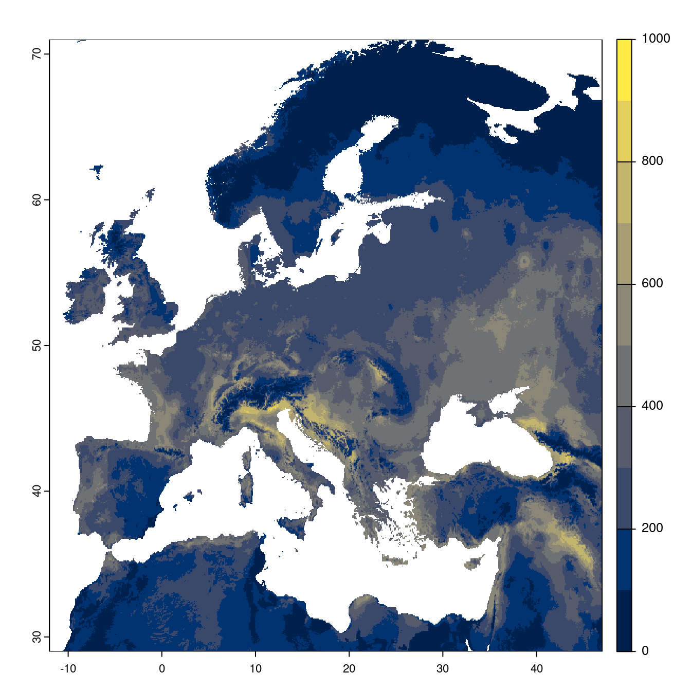 Projection des distributions potentielles futures jusqu'à l'horizon 2100 sous le scénario SSP1-2.6 (modèle d'ensemble).
