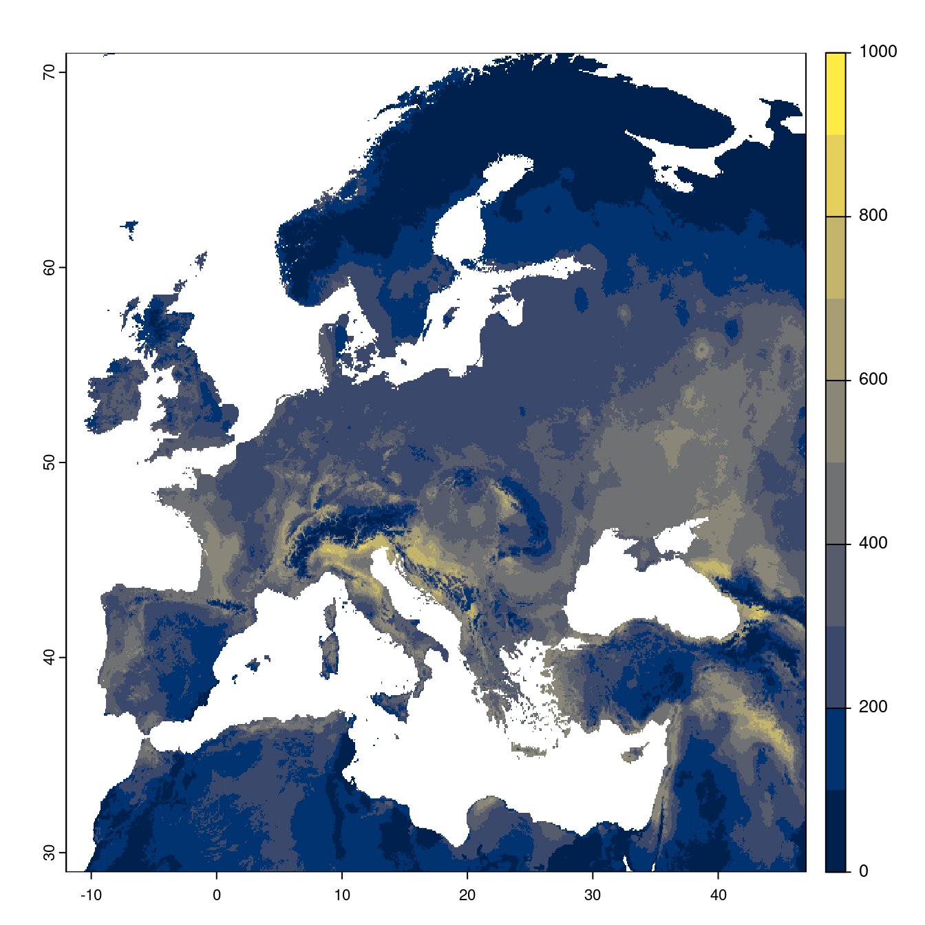 Projection des distributions potentielles futures jusqu'à l'horizon 2100 sous le scénario SSP1-2.6 (modèle d'ensemble).