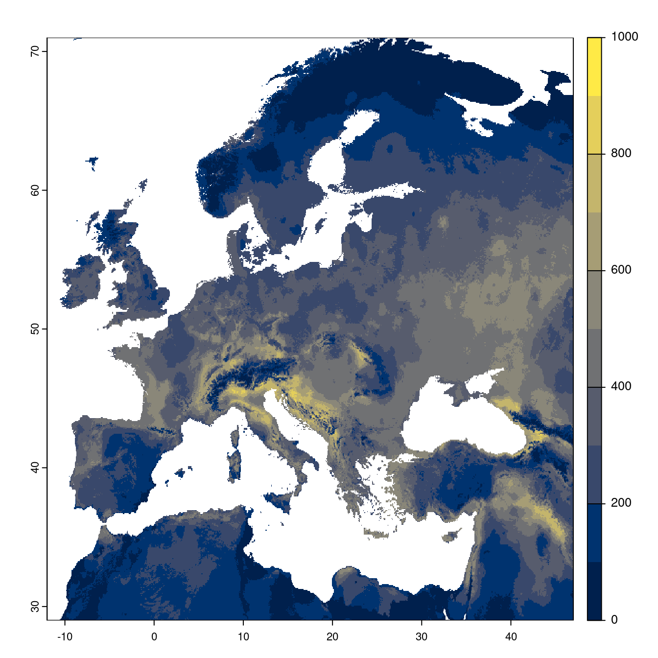 Projection des distributions potentielles futures jusqu'à l'horizon 2100 sous le scénario SSP2-4.5 (modèle d'ensemble).