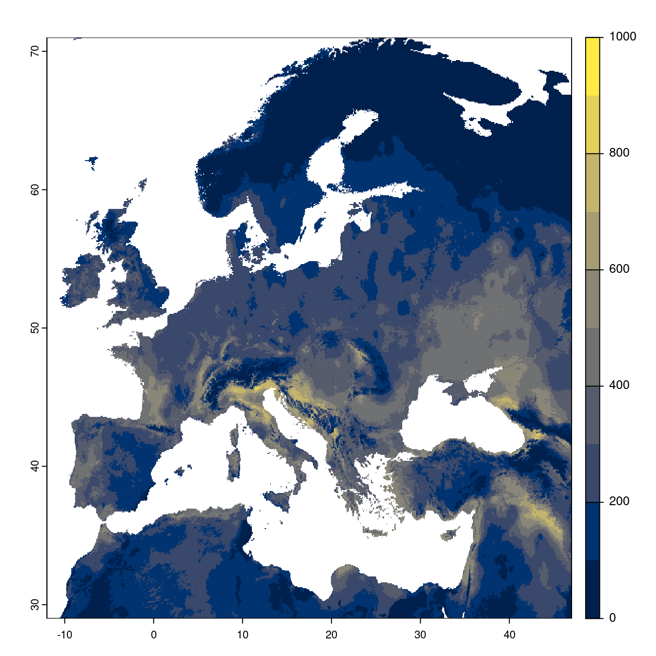 Projection des distributions potentielles futures jusqu'à l'horizon 2100 sous le scénario SSP3-7.0 (modèle d'ensemble).