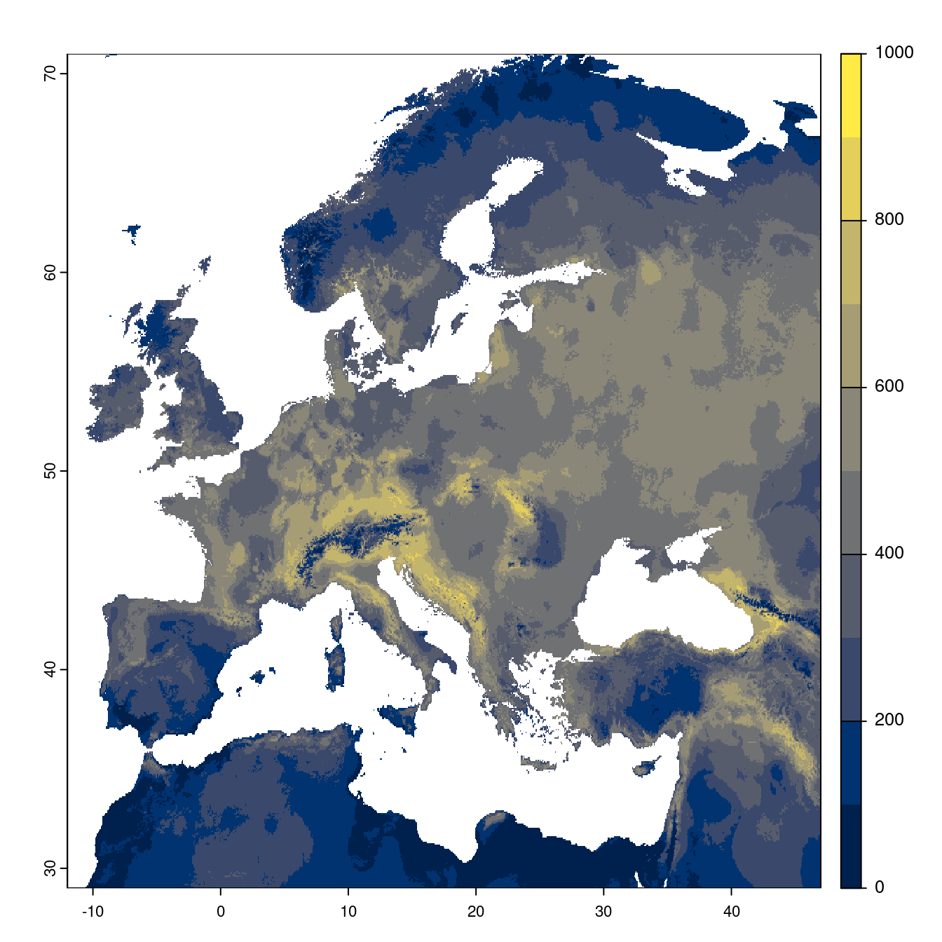Projection des distributions potentielles futures jusqu'à l'horizon 2100 sous le scénario SSP3-7.0 (modèle d'ensemble).