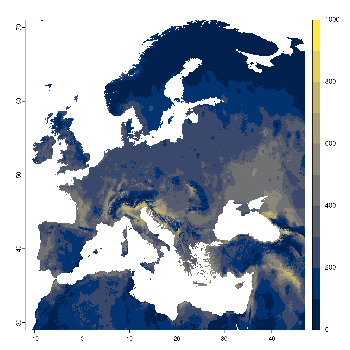 Projection des distributions potentielles futures jusqu'à l'horizon 2100 sous le scénario SSP5-8.5 (modèle d'ensemble).