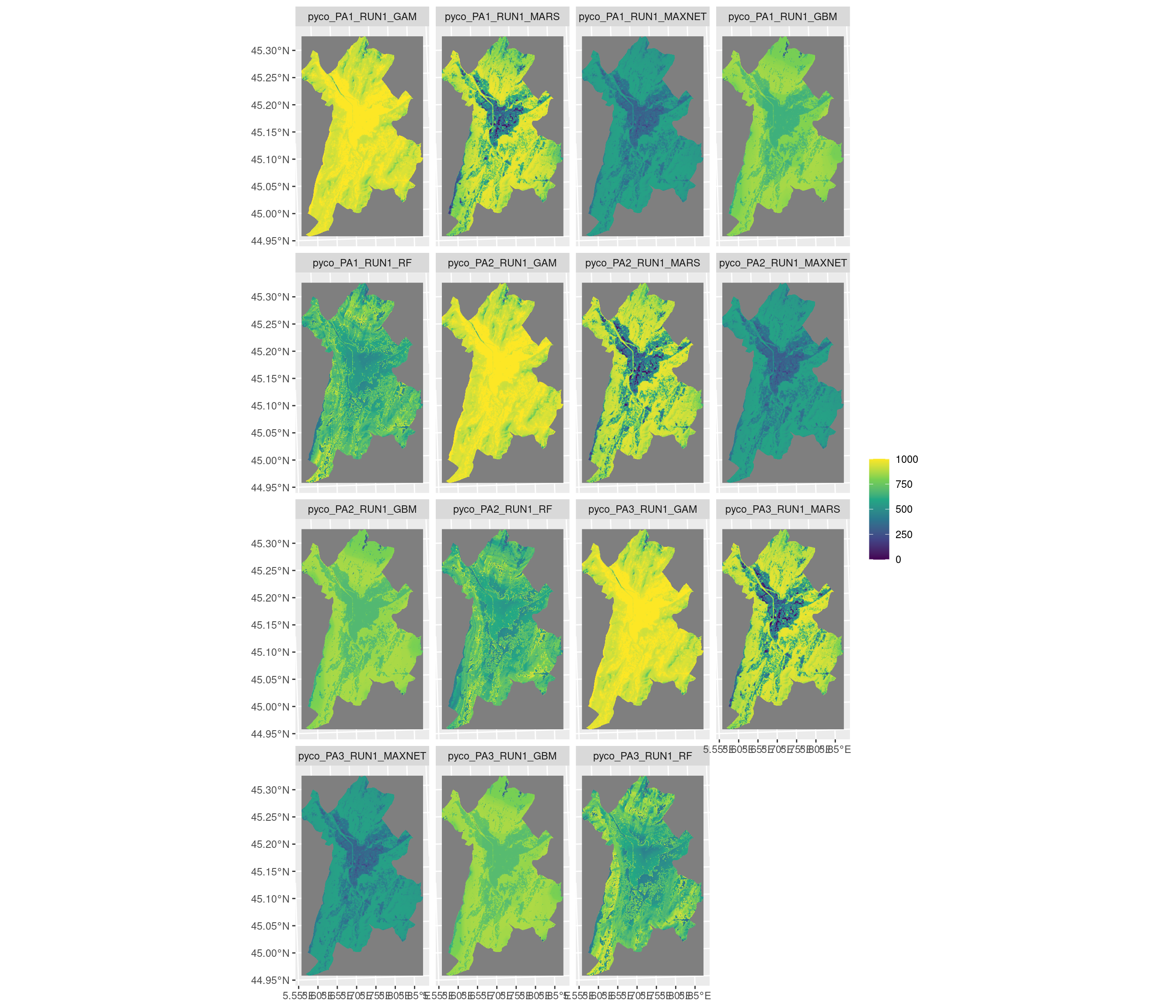 Projection de la distribution potentielle contemporaine sur la métropole de Grenoble, selon les 6 algorithmes et les 3 runs.