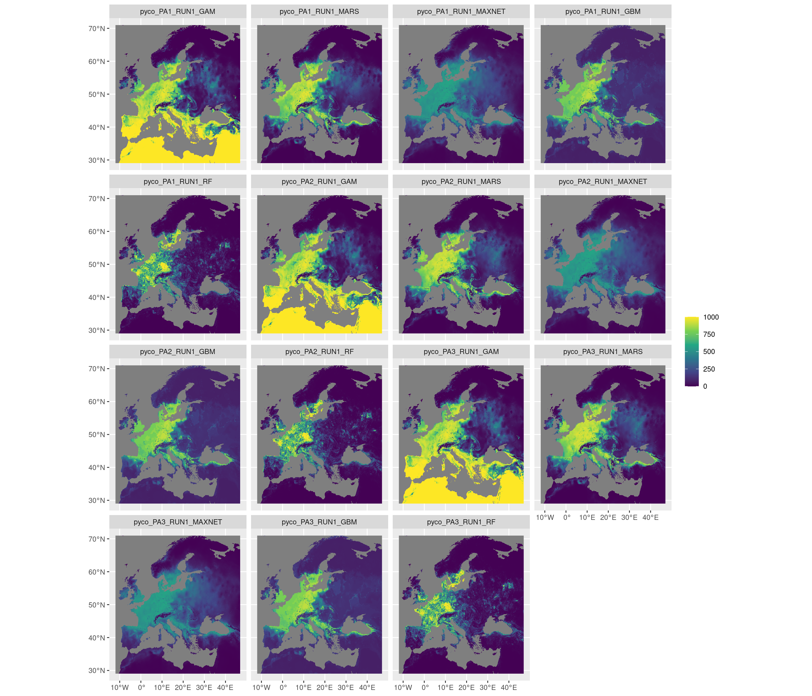 Projection de la distribution potentielle contemporaine sur l'Europe, selon les 6 algorithmes et les 3 runs.