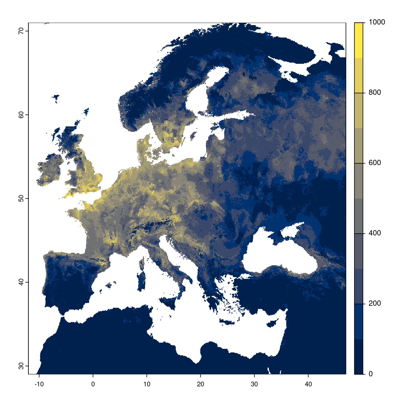 Projection des distributions potentielles futures jusqu'à l'horizon 2100 sous le scénario SSP1-2.6 (modèle d'ensemble).