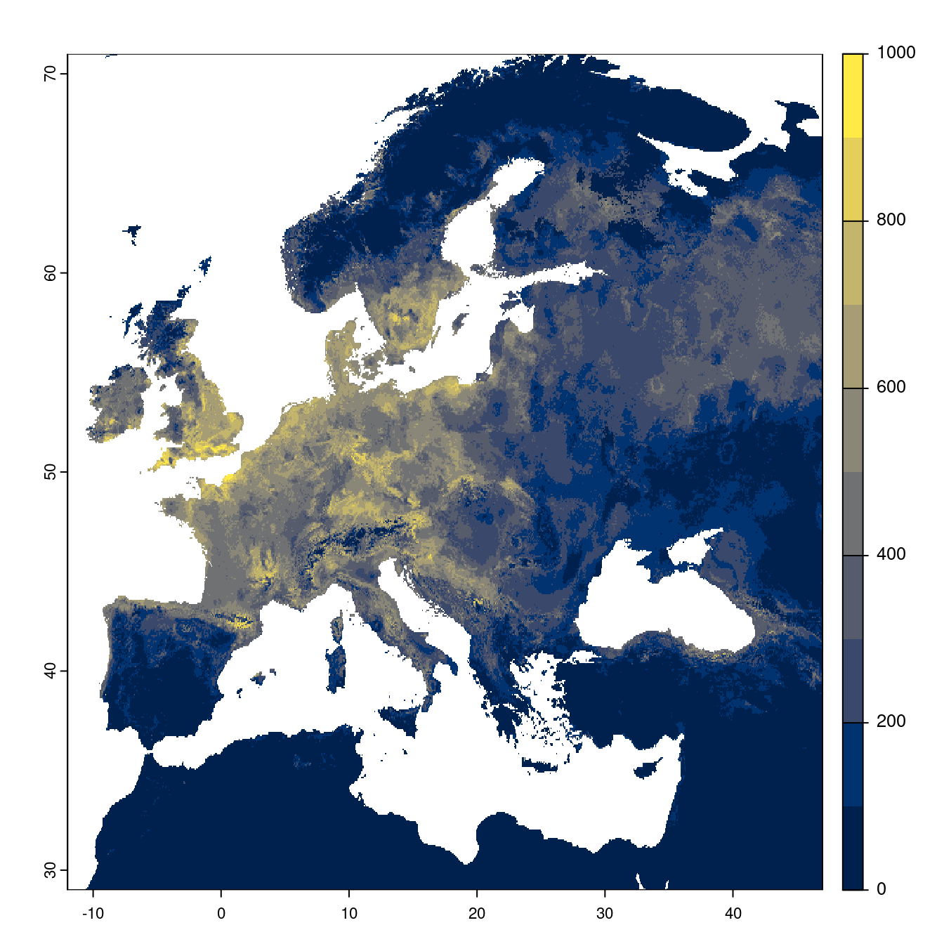 Projection des distributions potentielles futures jusqu'à l'horizon 2100 sous le scénario SSP1-2.6 (modèle d'ensemble).