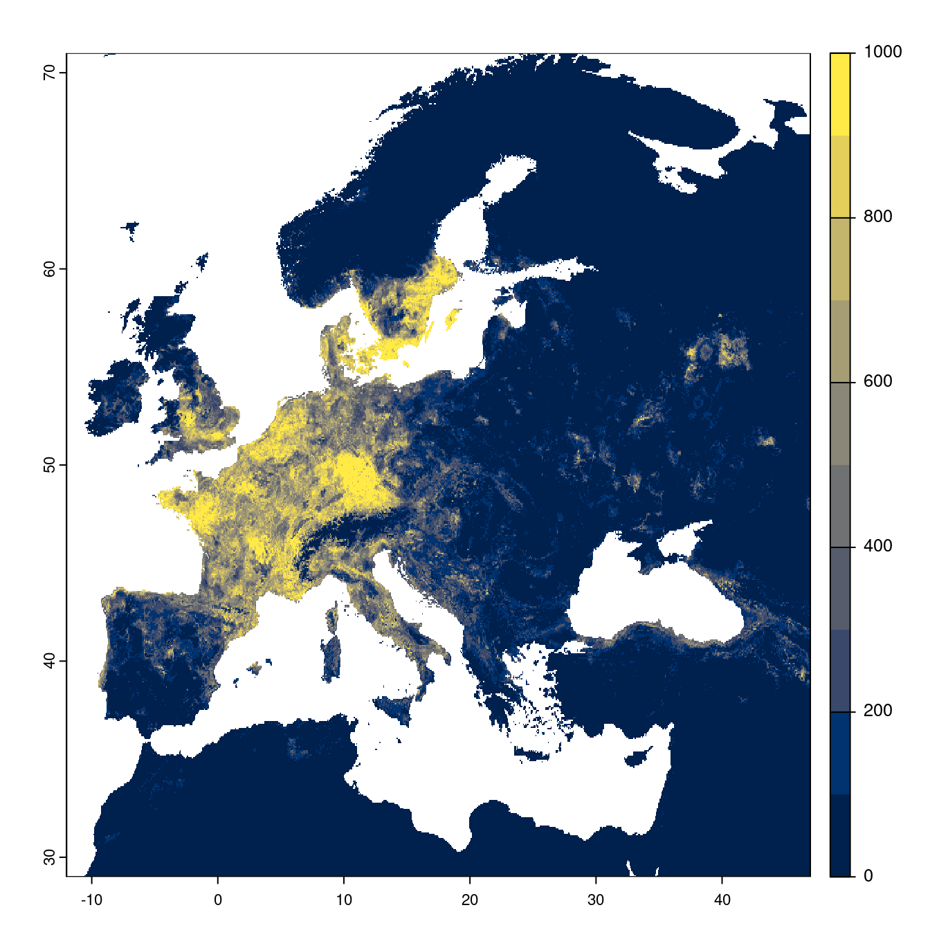 Projection des distributions potentielles futures jusqu'à l'horizon 2100 sous le scénario SSP2-4.5 (modèle d'ensemble).
