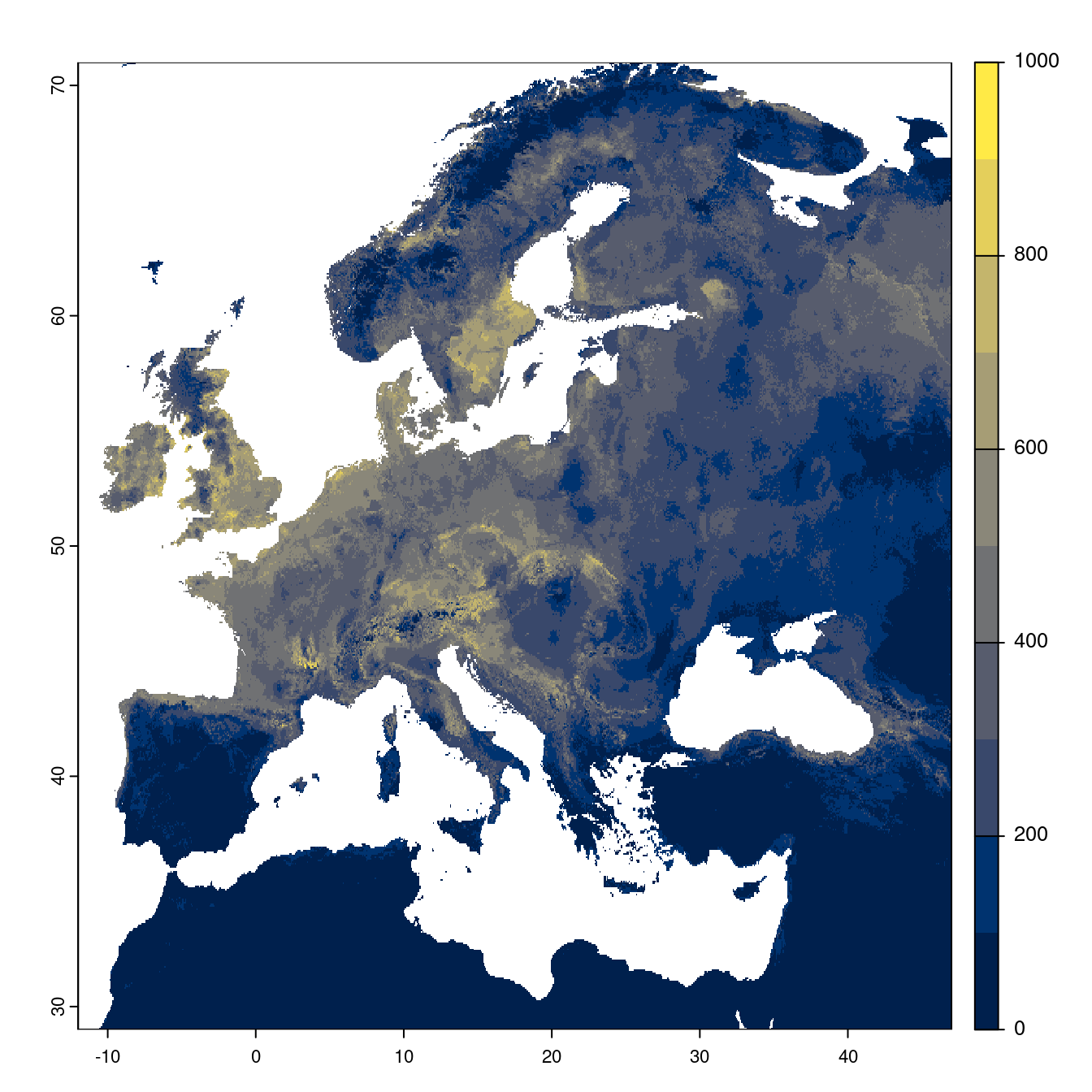 Projection des distributions potentielles futures jusqu'à l'horizon 2100 sous le scénario SSP2-4.5 (modèle d'ensemble).