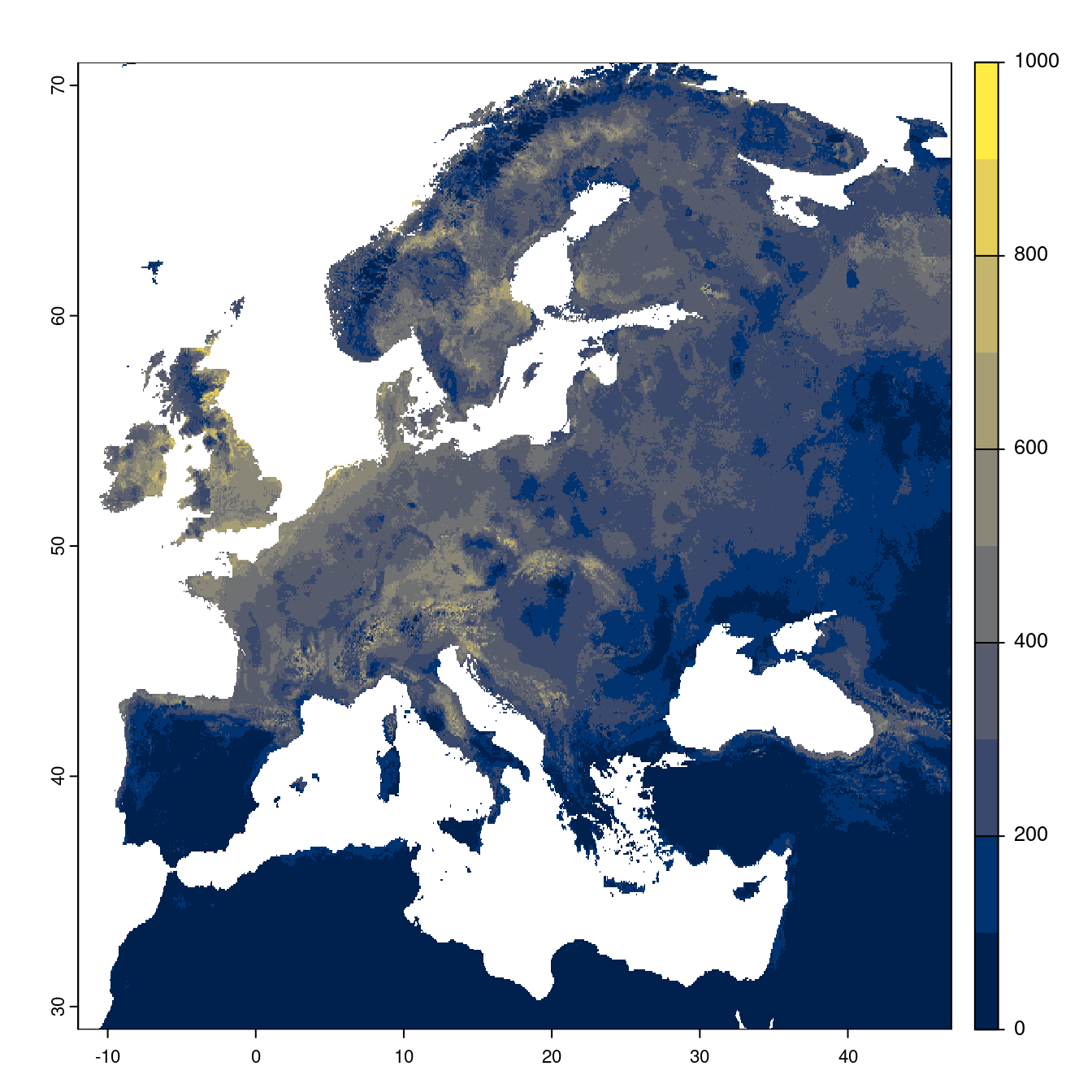 Projection des distributions potentielles futures jusqu'à l'horizon 2100 sous le scénario SSP5-8.5 (modèle d'ensemble).