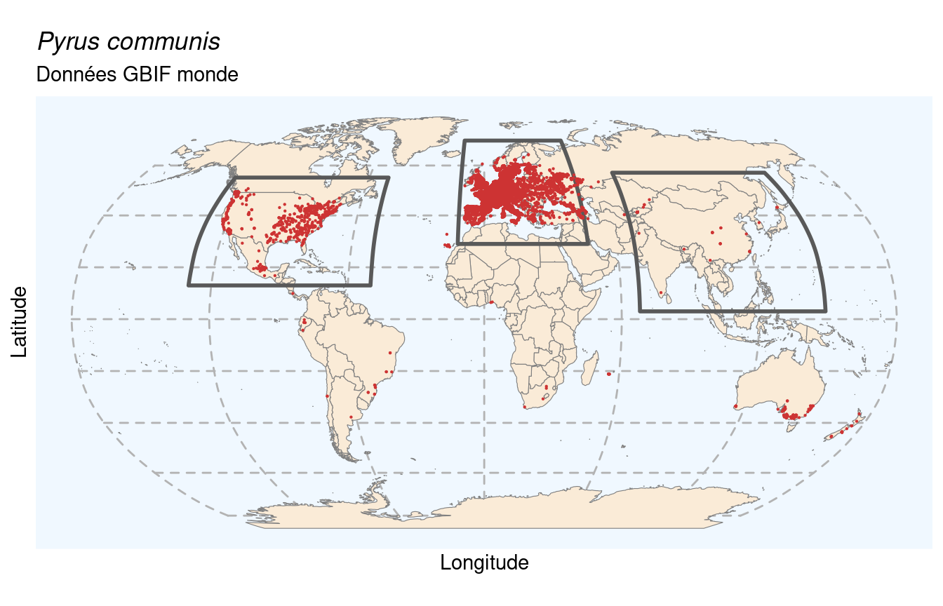 Occurrences de Pyrus communis dans le monde.