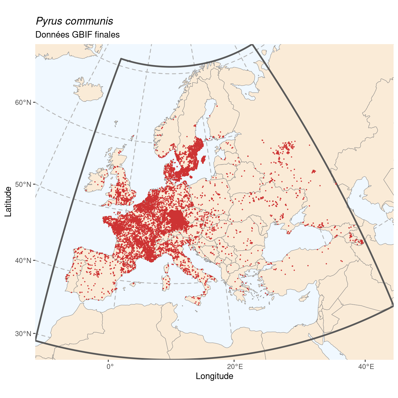 Occurrence de Pyrus communis dans la région d'endémisme après sous-échantillonnage éventuel.