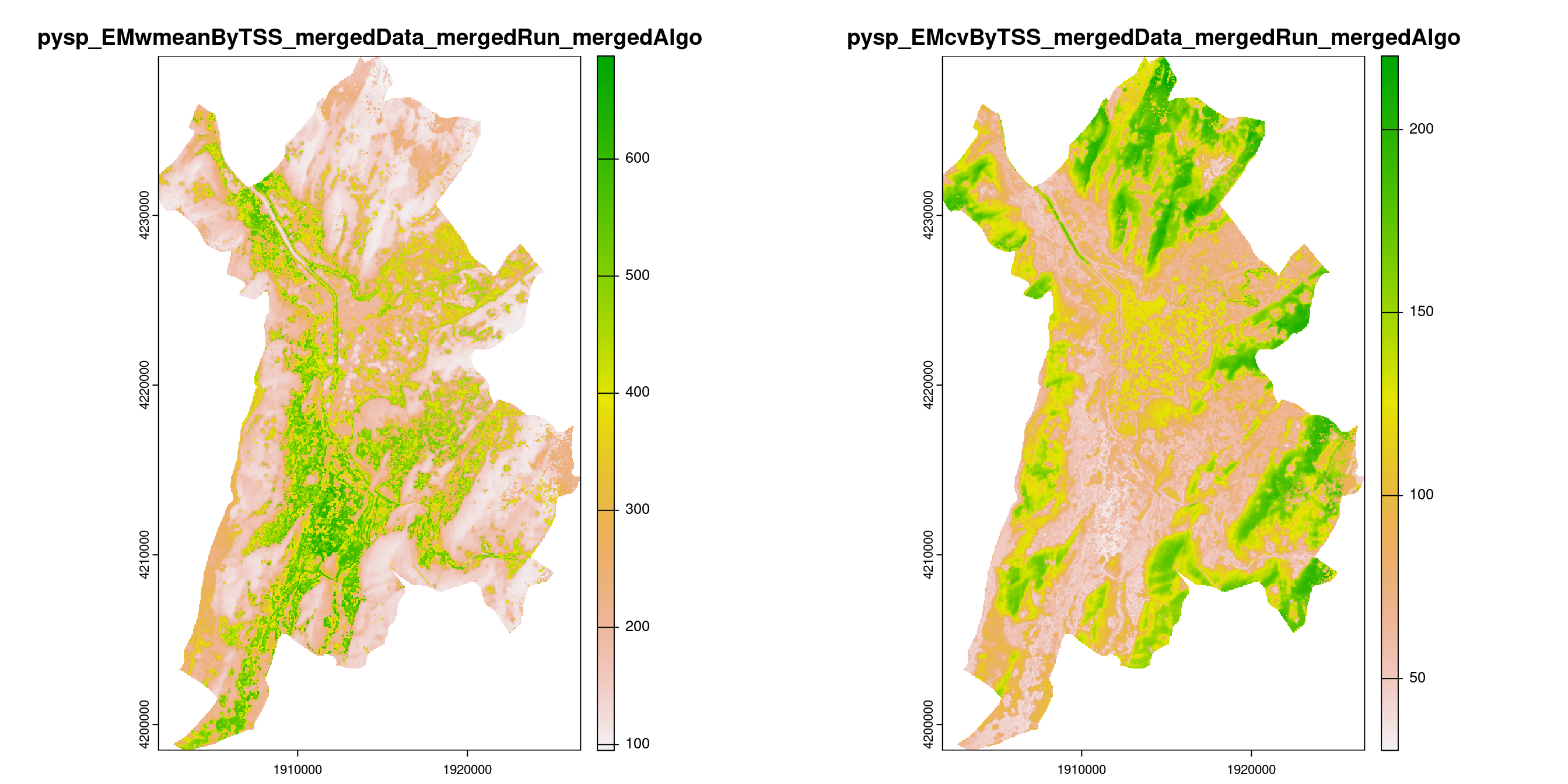 A) Projection de la distribution potentielle contemporaine (modèle d'ensemble) sur la métropole de Grenoble ; B) Incertitude associée à la projection.