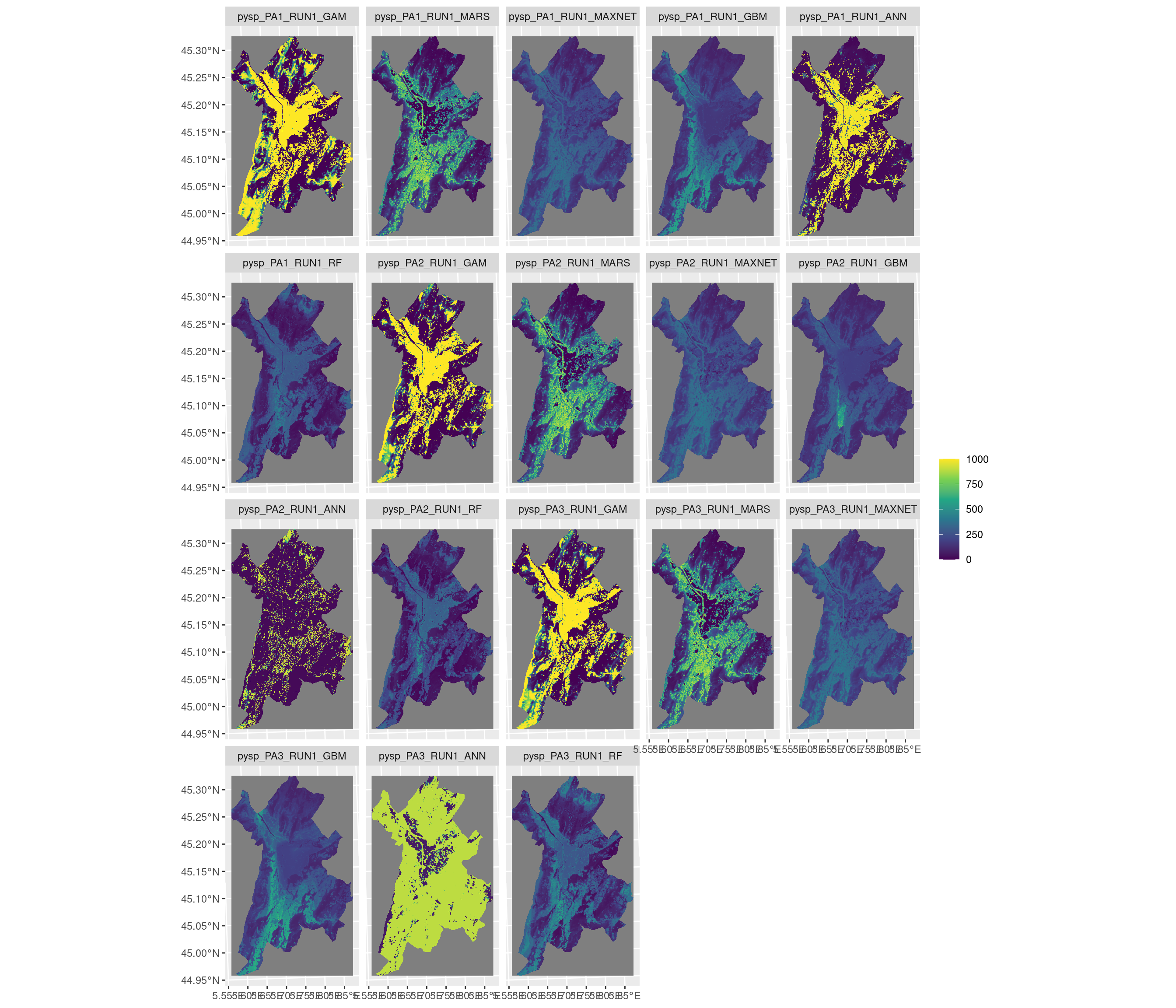 Projection de la distribution potentielle contemporaine sur la métropole de Grenoble, selon les 6 algorithmes et les 3 runs.