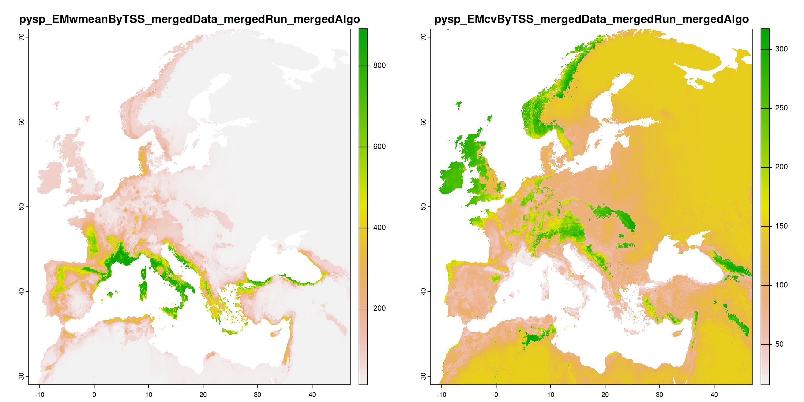 A) Projection de la distribution potentielle contemporaine (modèle d'ensemble) ; B) Incertitude associée à la projection.