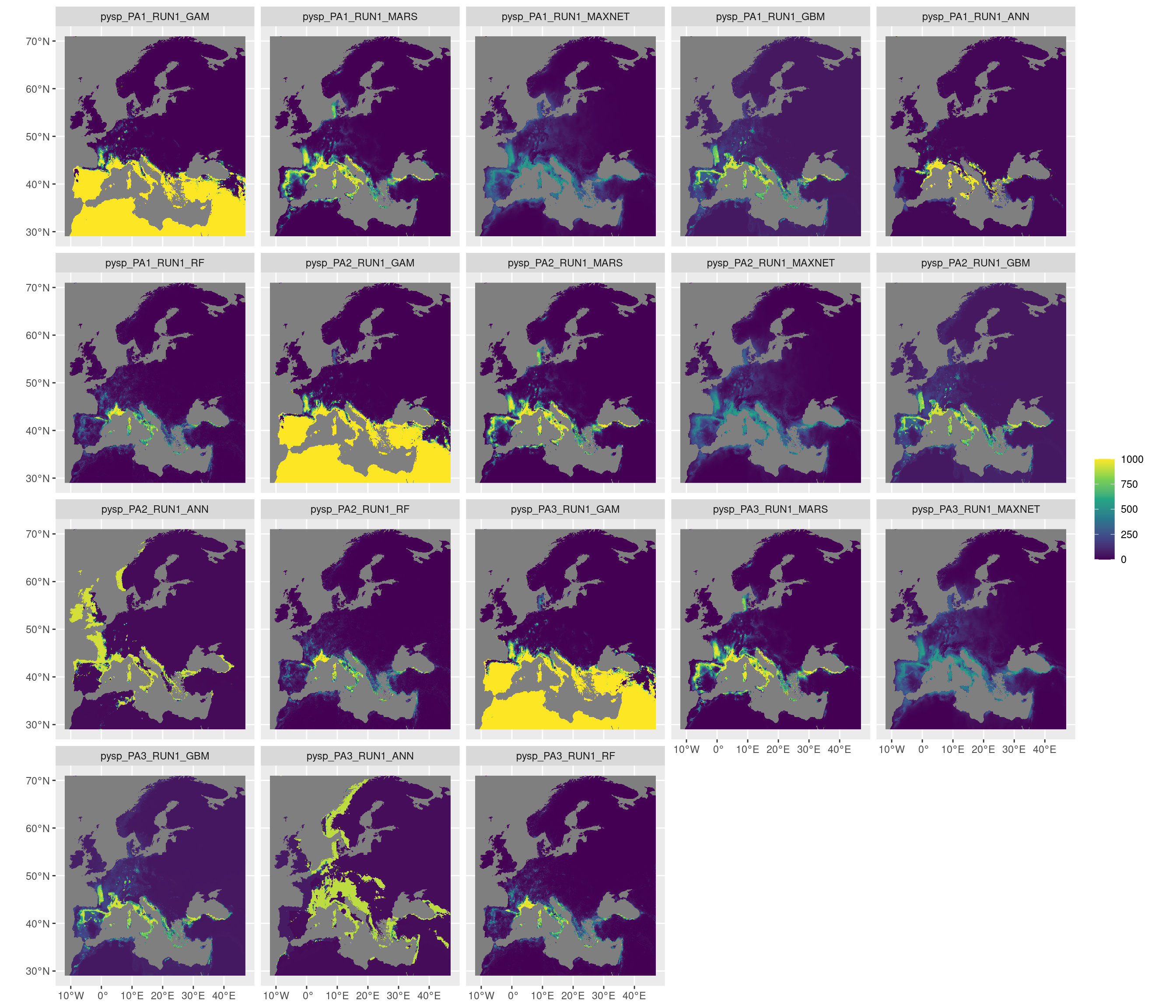 Projection de la distribution potentielle contemporaine sur l'Europe, selon les 6 algorithmes et les 3 runs.