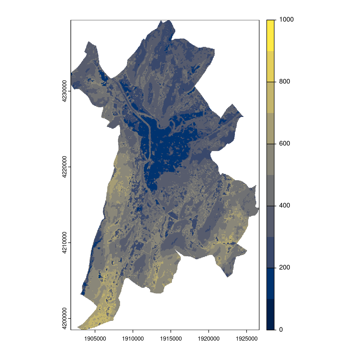 Projection des distributions potentielles contemporaine et futures jusqu'à l'horizon 2100 sous le scénario SSP5-8.5 (modèle d'ensemble, GCM IPSL).