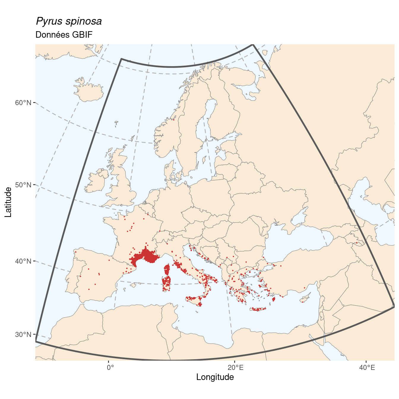 Occurrence de Pyrus spinosa dans la région d'endémisme.