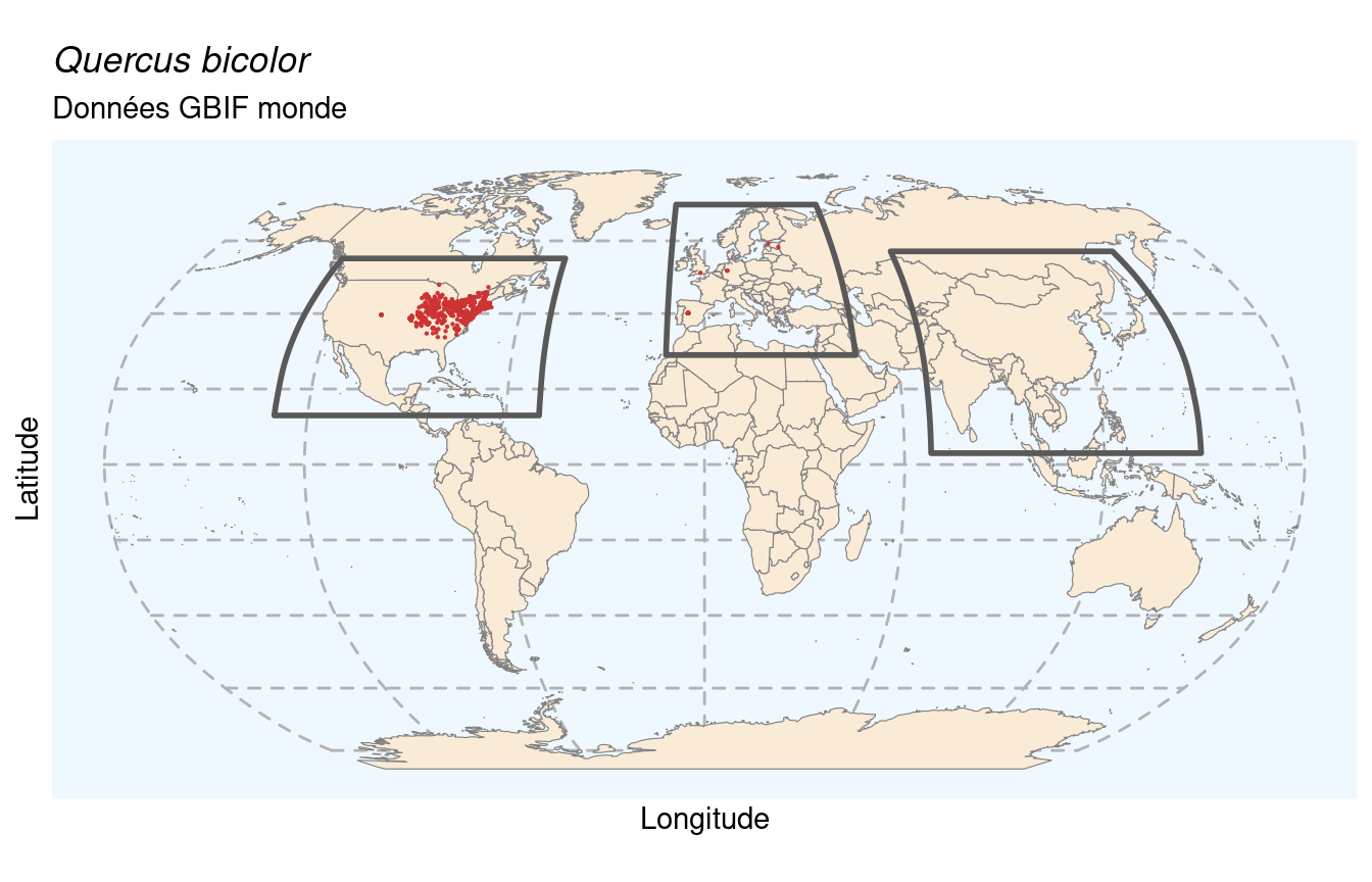 Occurrences de Quercus bicolor dans le monde.