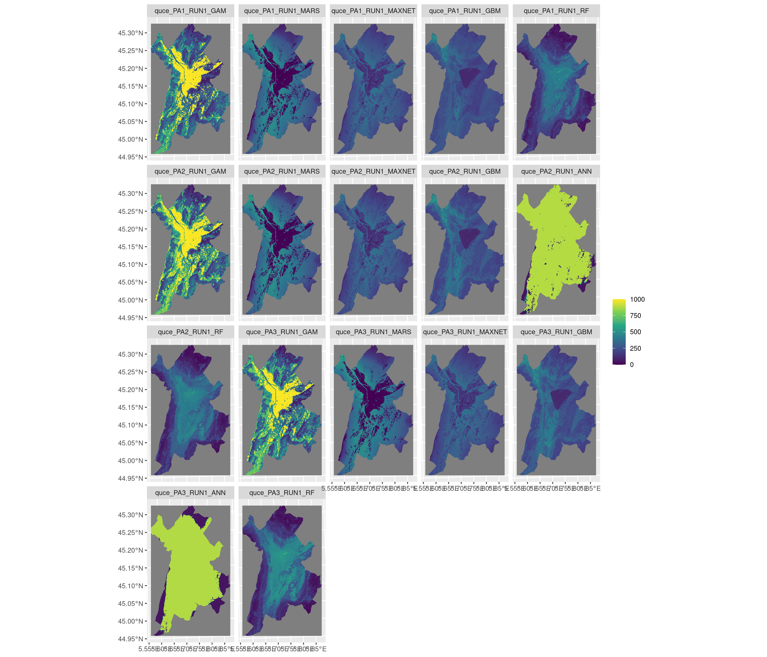 Projection de la distribution potentielle contemporaine sur la métropole de Grenoble, selon les 6 algorithmes et les 3 runs.