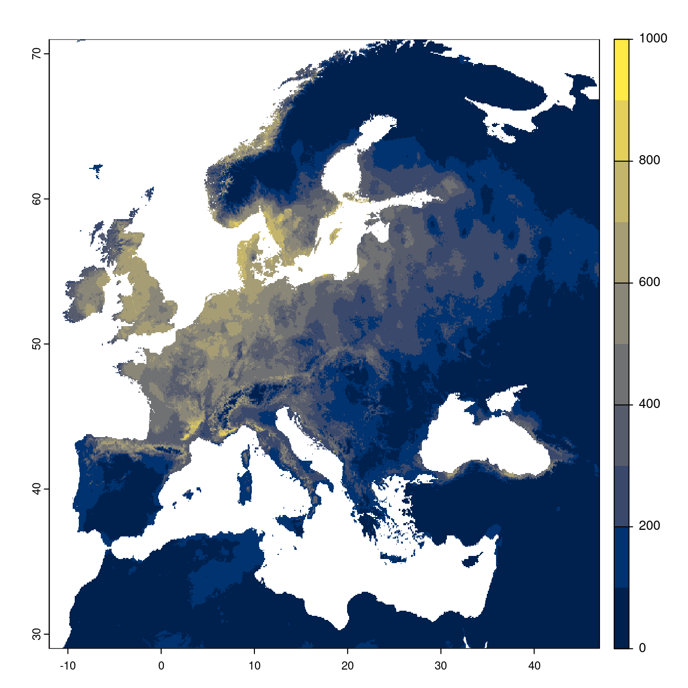 Projection des distributions potentielles futures jusqu'à l'horizon 2100 sous le scénario SSP2-4.5 (modèle d'ensemble).