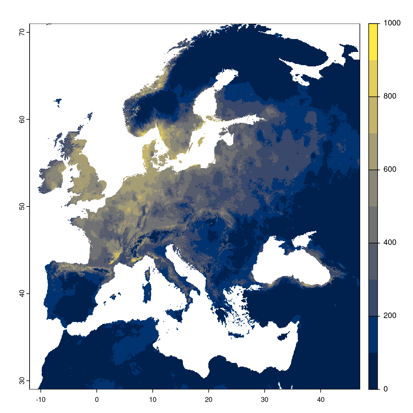 Projection des distributions potentielles futures jusqu'à l'horizon 2100 sous le scénario SSP3-7.0 (modèle d'ensemble).