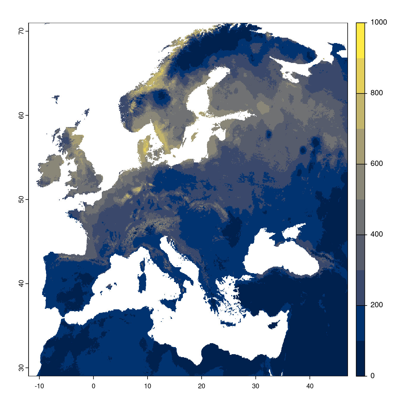 Projection des distributions potentielles futures jusqu'à l'horizon 2100 sous le scénario SSP5-8.5 (modèle d'ensemble).