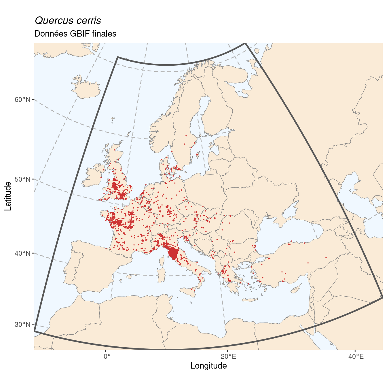Occurrence de Quercus cerris dans la région d'endémisme après sous-échantillonnage éventuel.