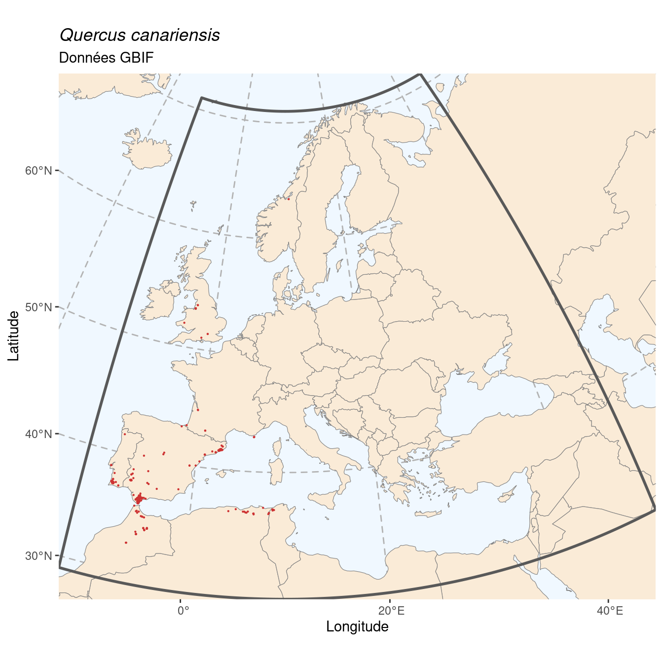 Occurrence de Quercus canariensis dans la région d'endémisme.