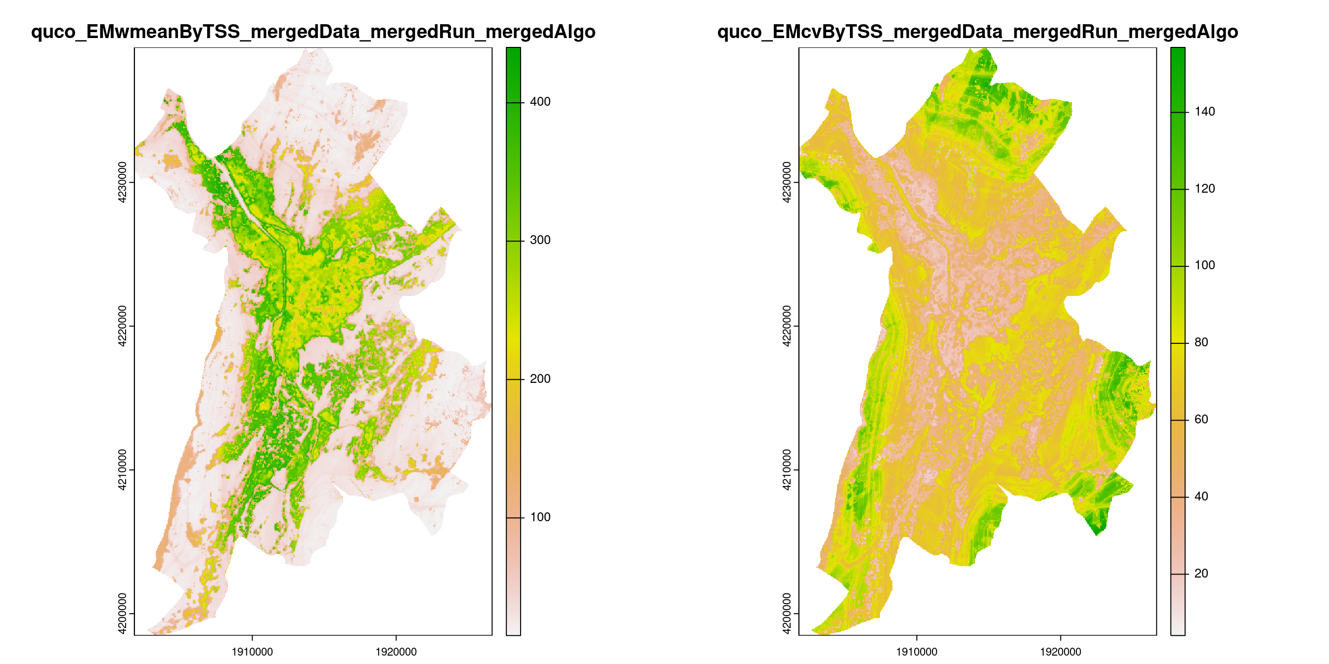 A) Projection de la distribution potentielle contemporaine (modèle d'ensemble) sur la métropole de Grenoble ; B) Incertitude associée à la projection.