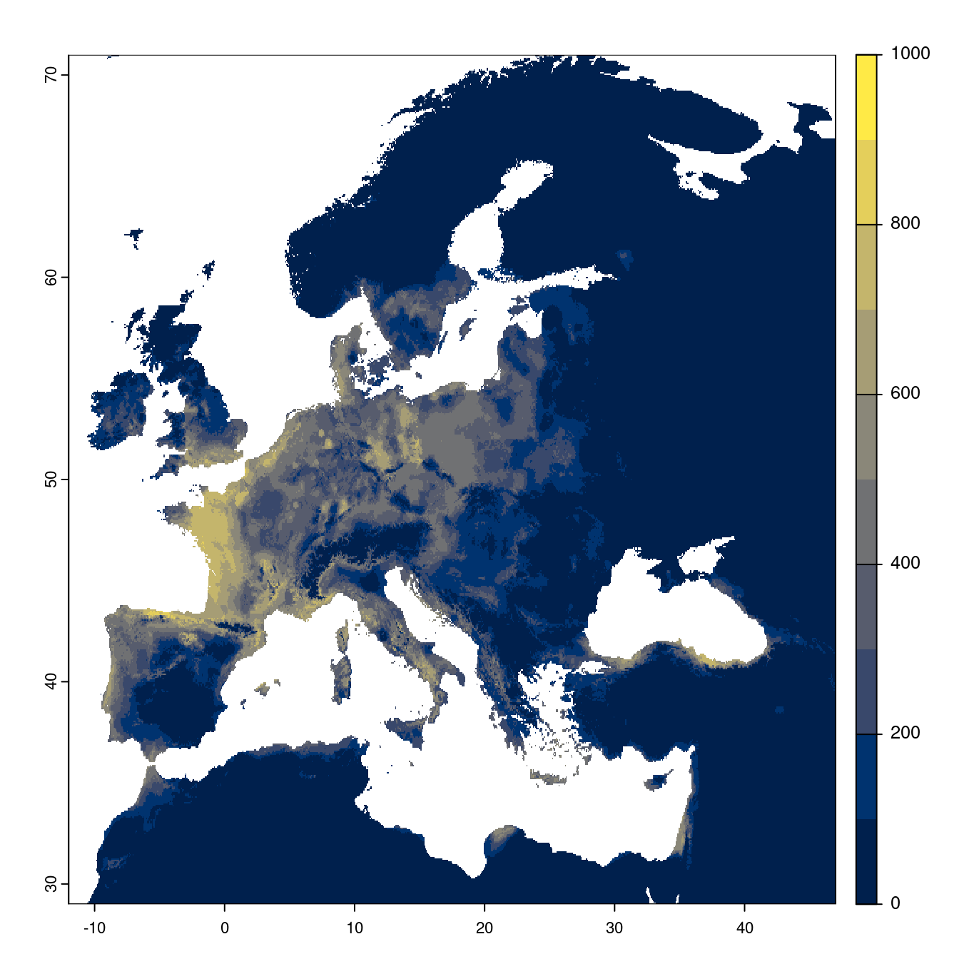 Projection des distributions potentielles futures jusqu'à l'horizon 2100 sous le scénario SSP2-4.5 (modèle d'ensemble).