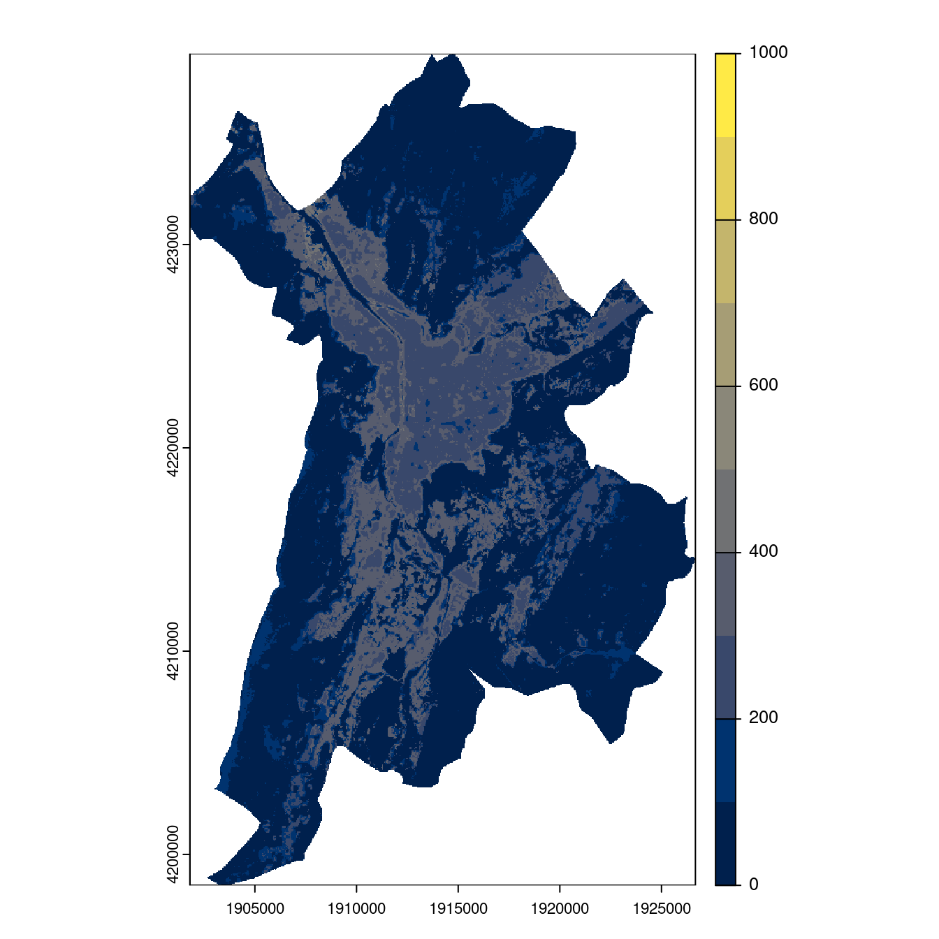 Projection des distributions potentielles contemporaine et futures jusqu'à l'horizon 2100 sous le scénario SSP5-8.5 (modèle d'ensemble, GCM IPSL).