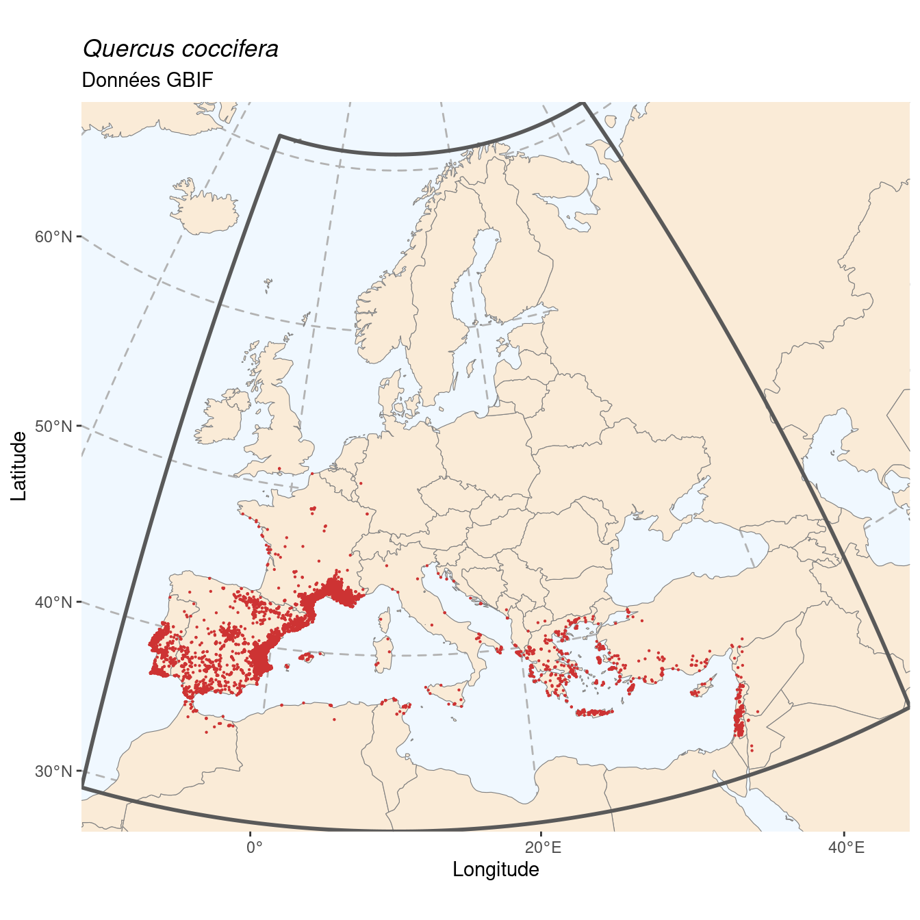 Occurrence de Quercus coccifera dans la région d'endémisme.