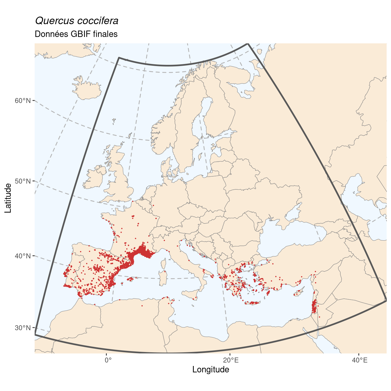 Occurrence de Quercus coccifera dans la région d'endémisme après sous-échantillonnage éventuel.