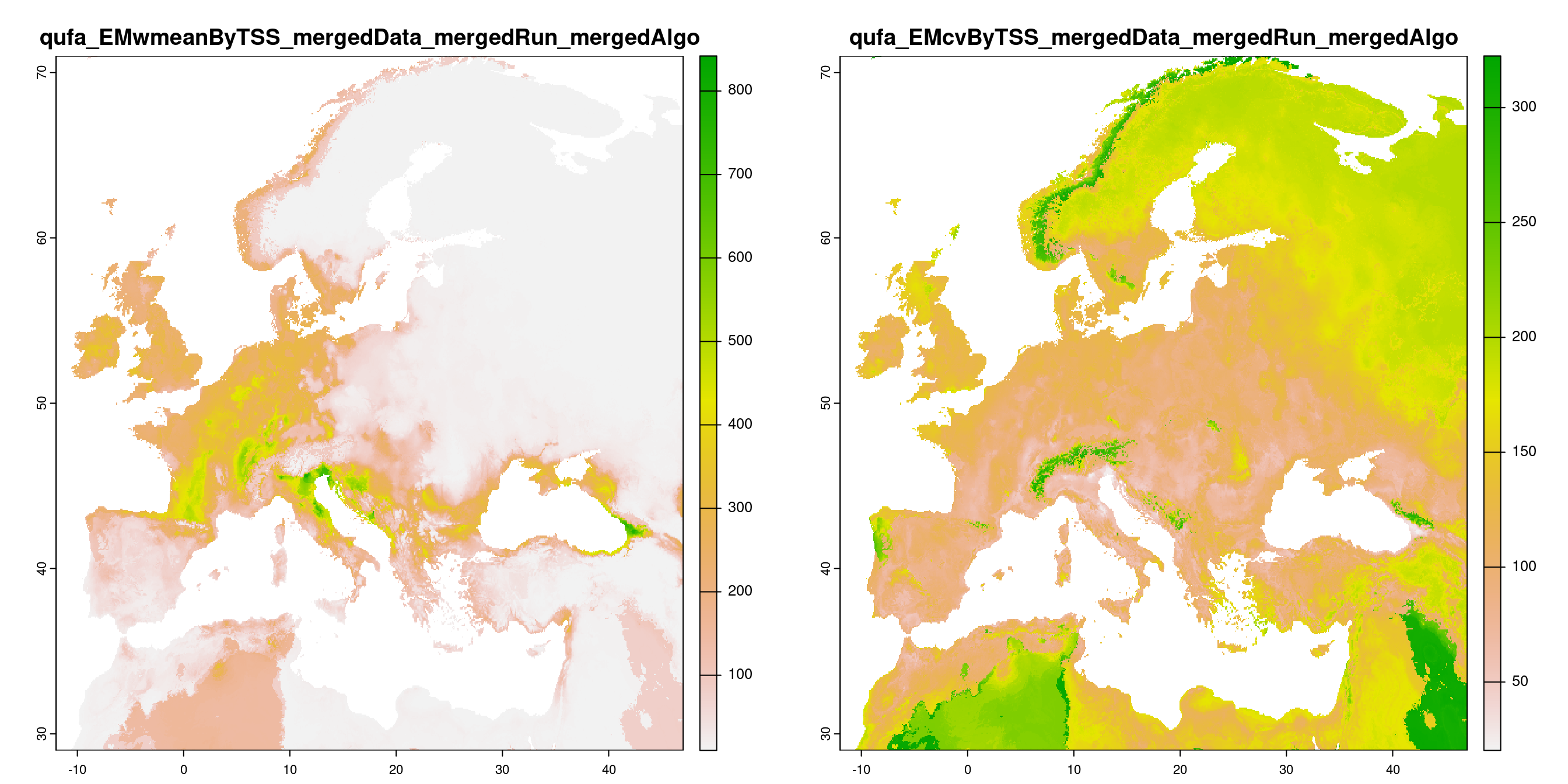 A) Projection de la distribution potentielle contemporaine (modèle d'ensemble) ; B) Incertitude associée à la projection.