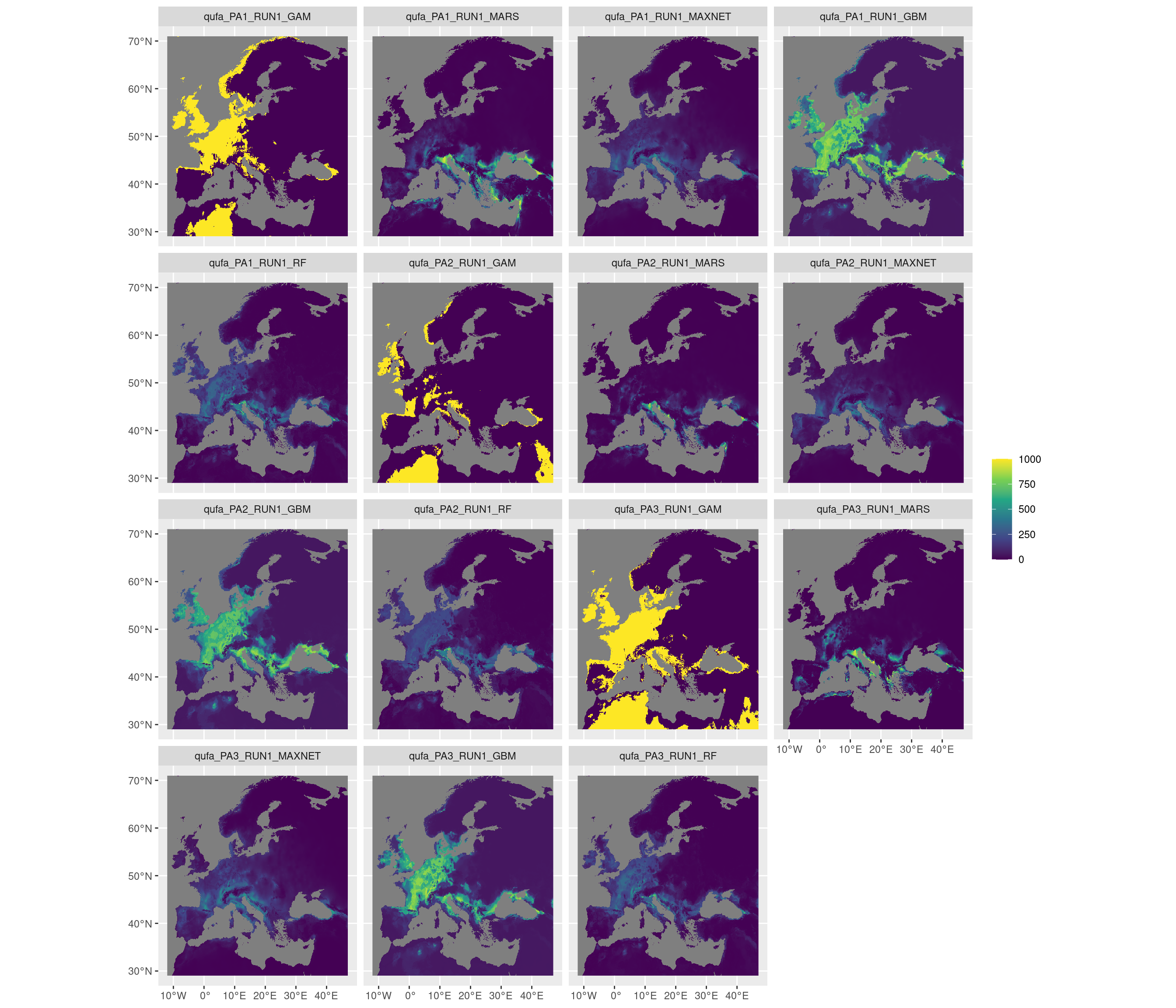Projection de la distribution potentielle contemporaine sur l'Europe, selon les 6 algorithmes et les 3 runs.