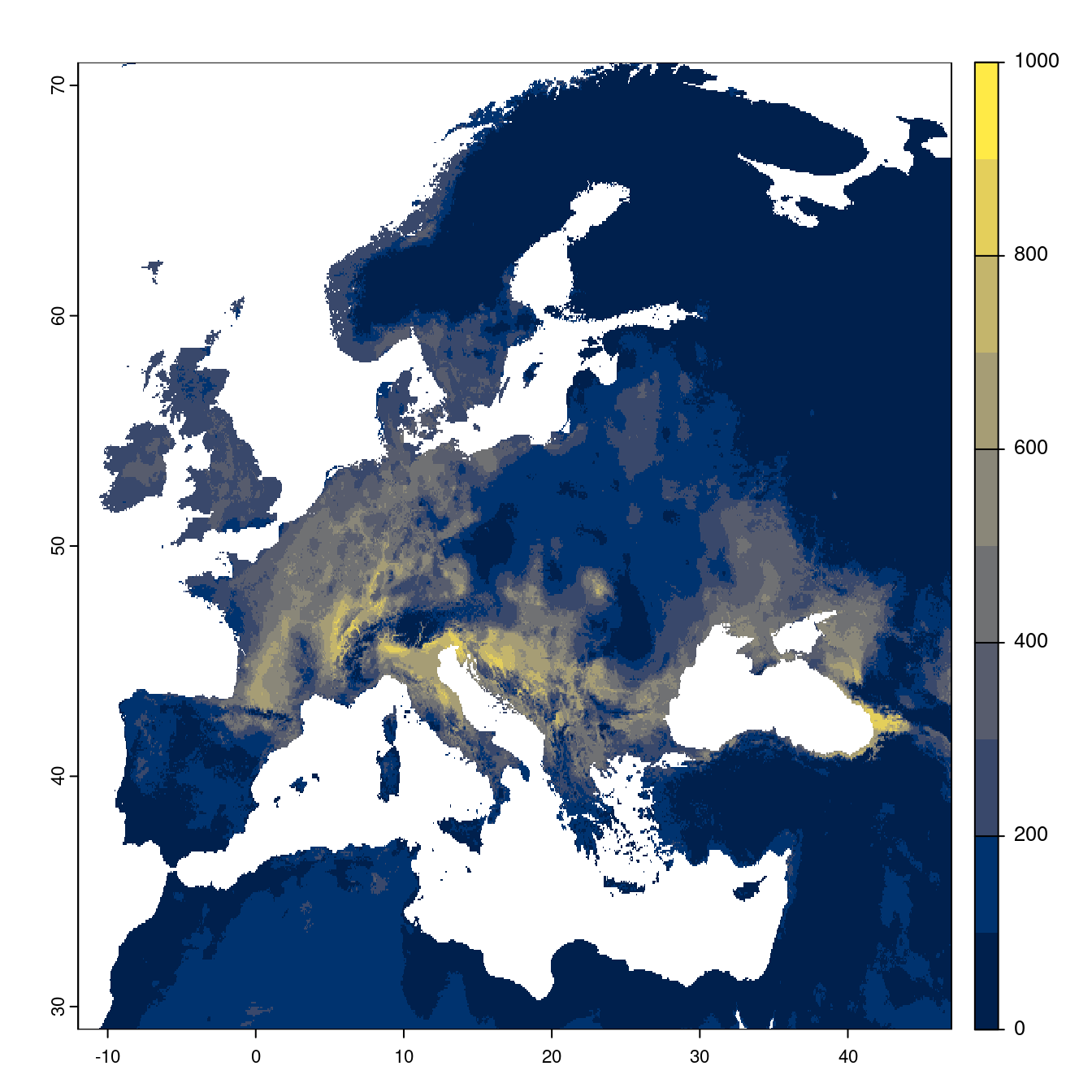 Projection des distributions potentielles futures jusqu'à l'horizon 2100 sous le scénario SSP2-4.5 (modèle d'ensemble).