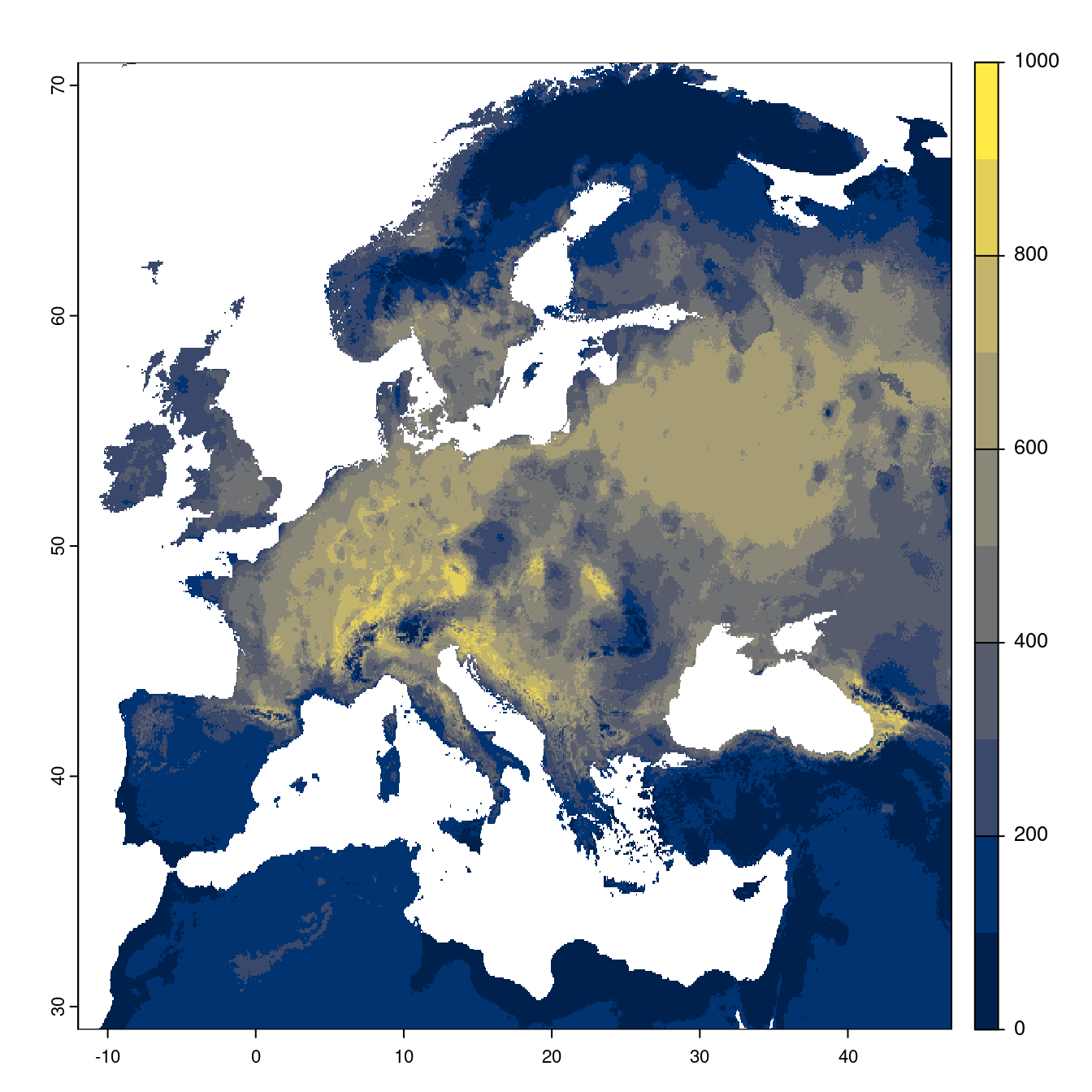 Projection des distributions potentielles futures jusqu'à l'horizon 2100 sous le scénario SSP3-7.0 (modèle d'ensemble).