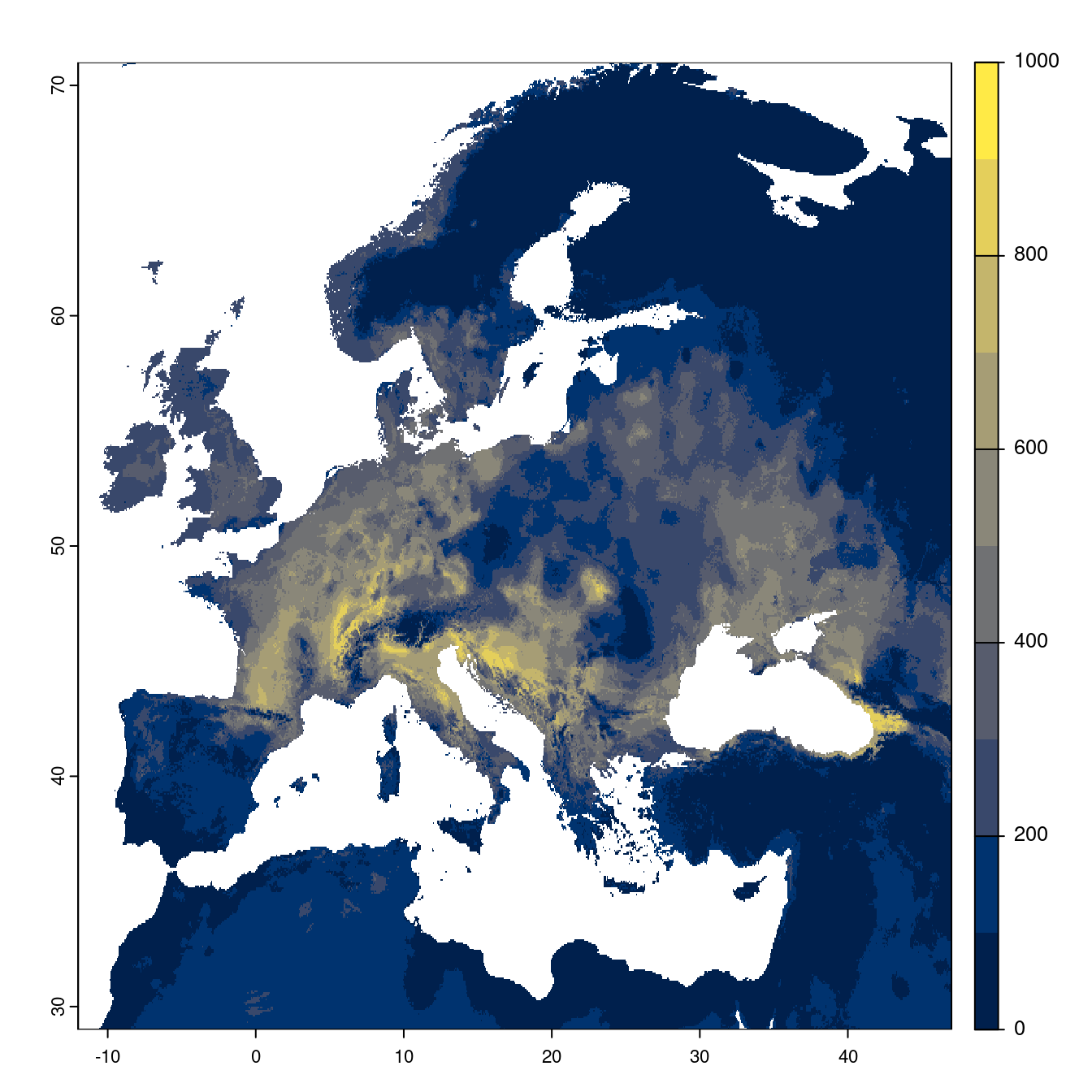Projection des distributions potentielles futures jusqu'à l'horizon 2100 sous le scénario SSP5-8.5 (modèle d'ensemble).