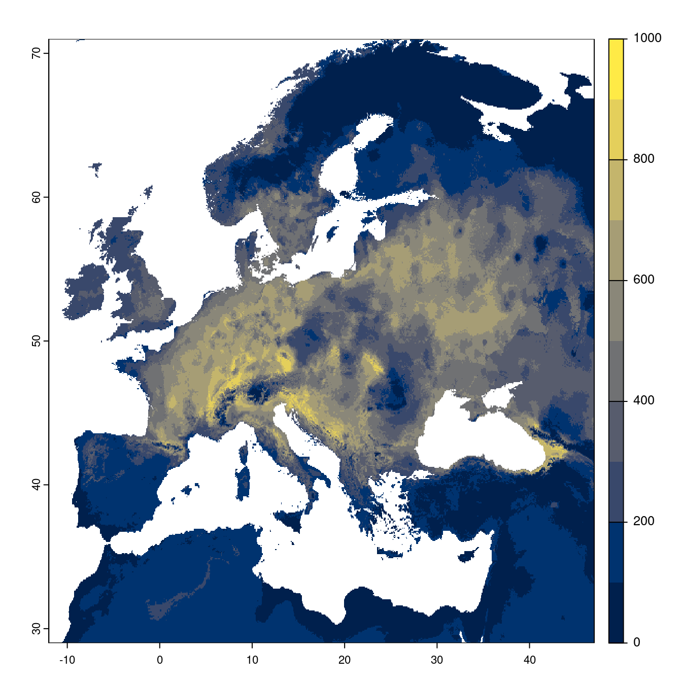 Projection des distributions potentielles futures jusqu'à l'horizon 2100 sous le scénario SSP5-8.5 (modèle d'ensemble).