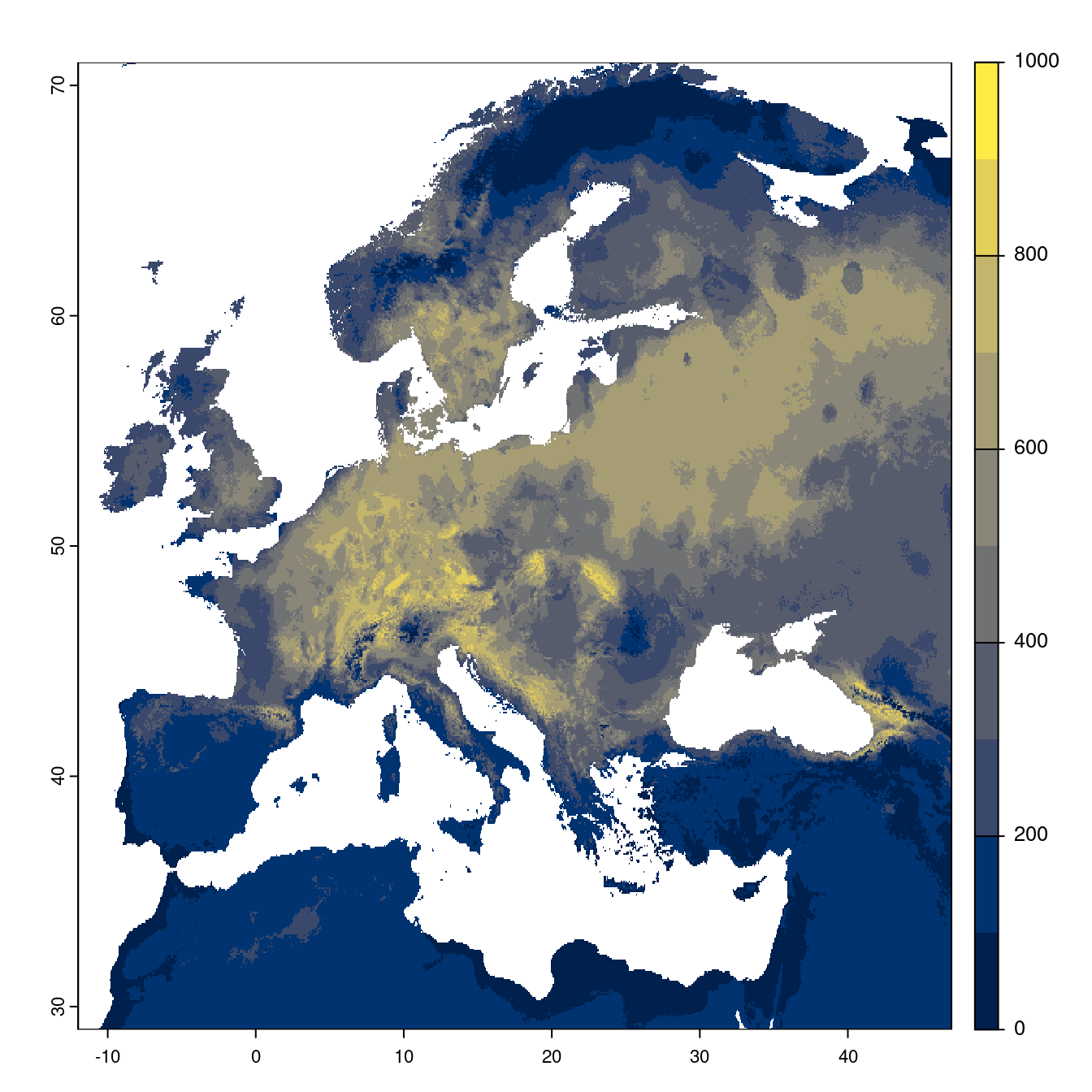Projection des distributions potentielles futures jusqu'à l'horizon 2100 sous le scénario SSP5-8.5 (modèle d'ensemble).