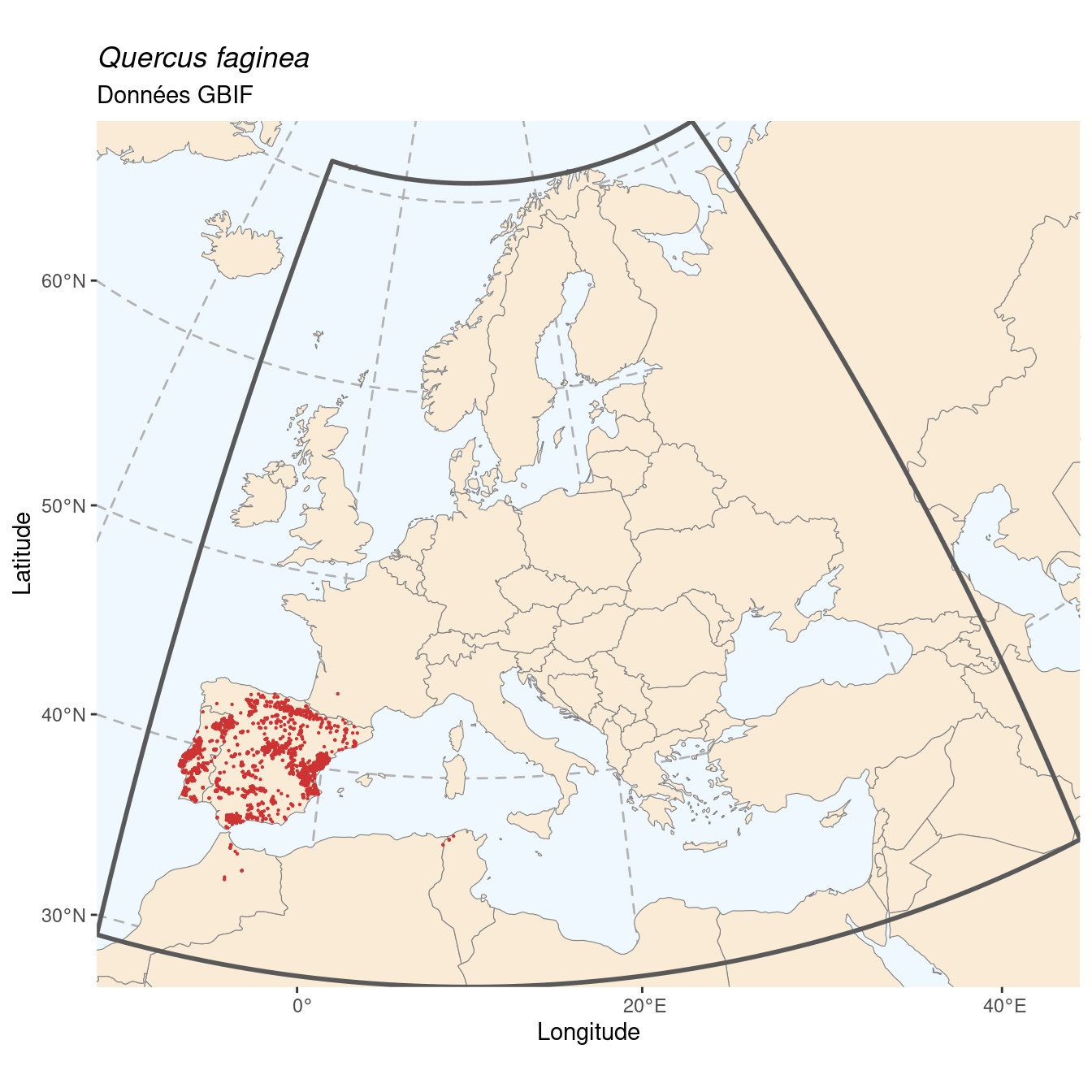 Occurrence de Quercus faginea dans la région d'endémisme.
