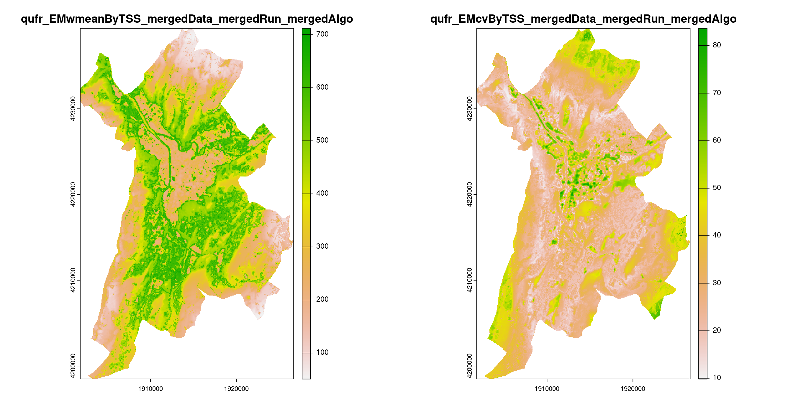 A) Projection de la distribution potentielle contemporaine (modèle d'ensemble) sur la métropole de Grenoble ; B) Incertitude associée à la projection.